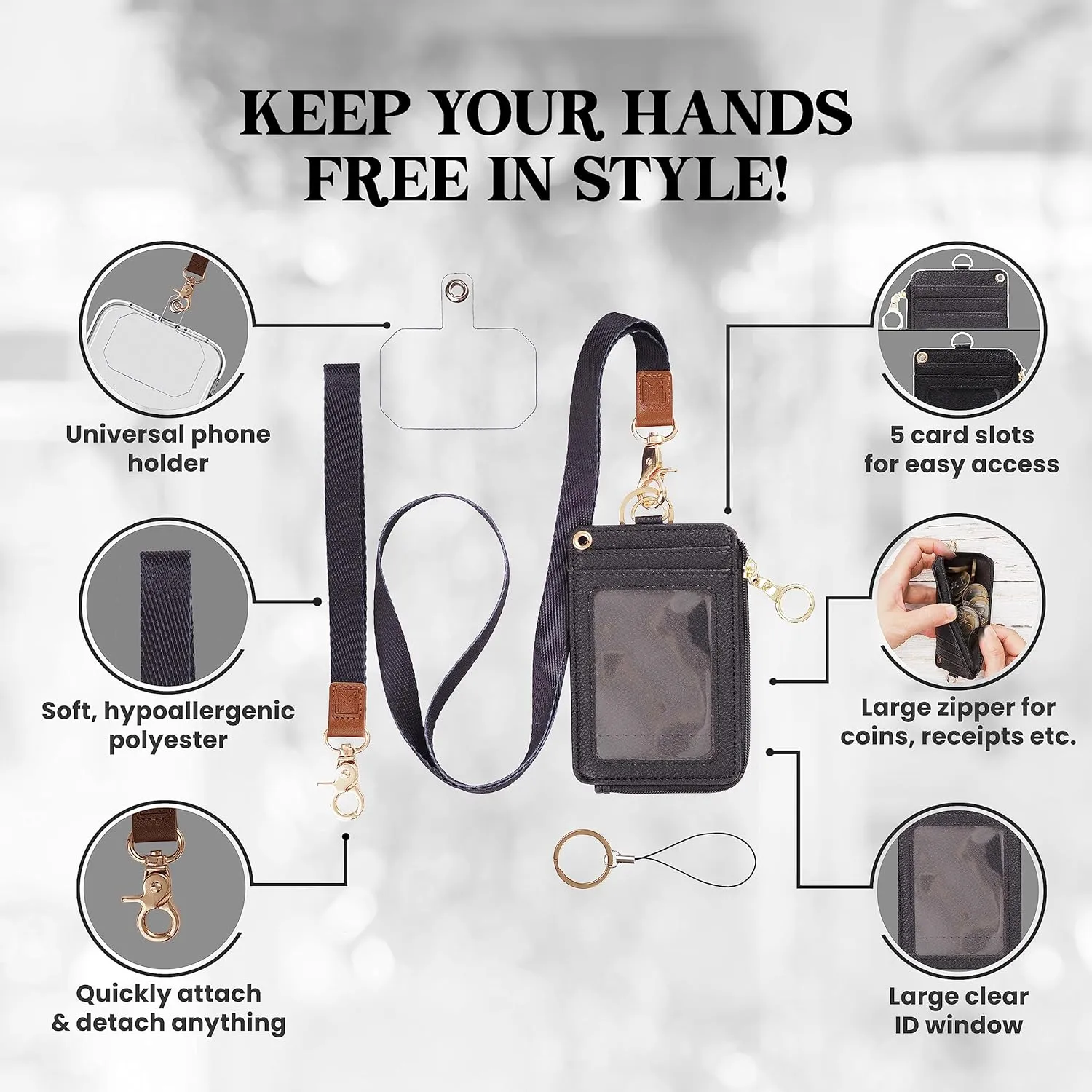 2-in-1 ID Badge Holder & Lanyard Wallet - Multi-Use Womens Small Wallet with Removable Wristlet & Neck Lanyard, Clear Window, 5 Card Slots, Phone Holder, Ring Keychain - Black