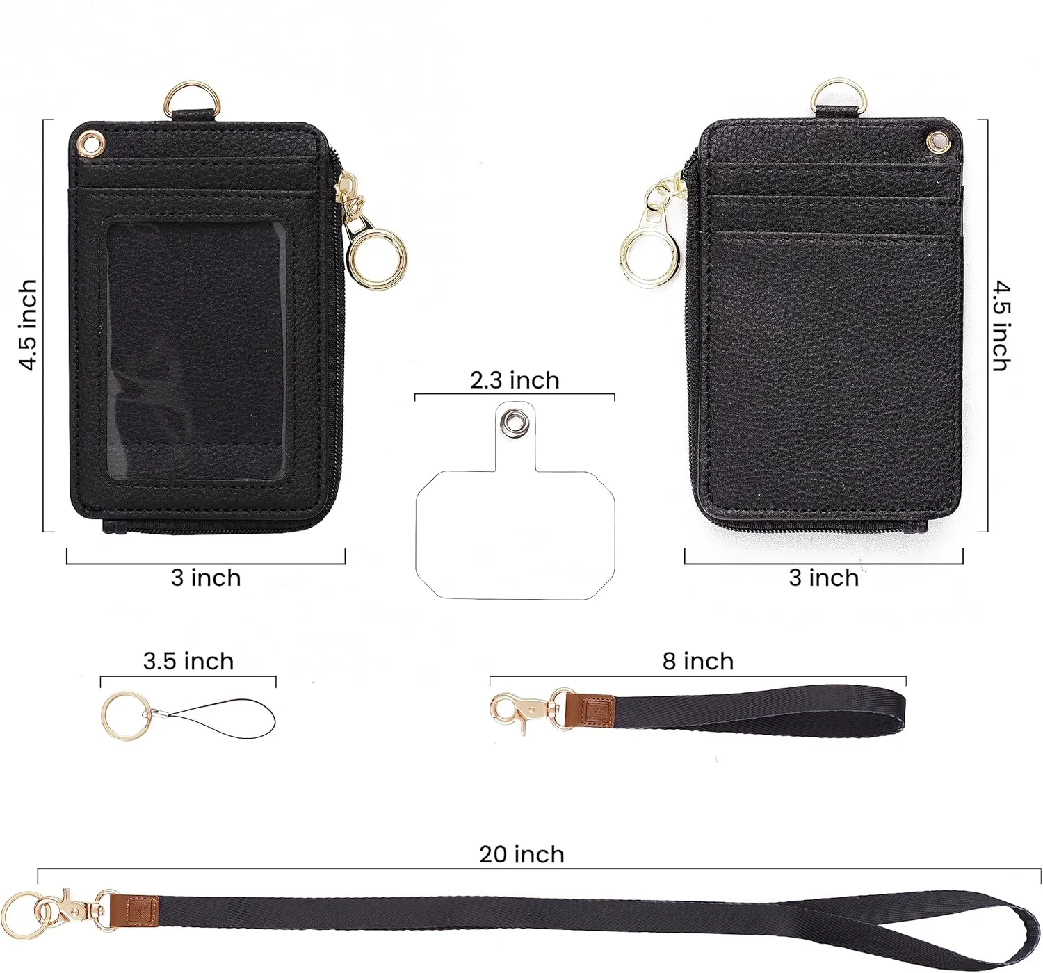 2-in-1 ID Badge Holder & Lanyard Wallet - Multi-Use Womens Small Wallet with Removable Wristlet & Neck Lanyard, Clear Window, 5 Card Slots, Phone Holder, Ring Keychain - Black