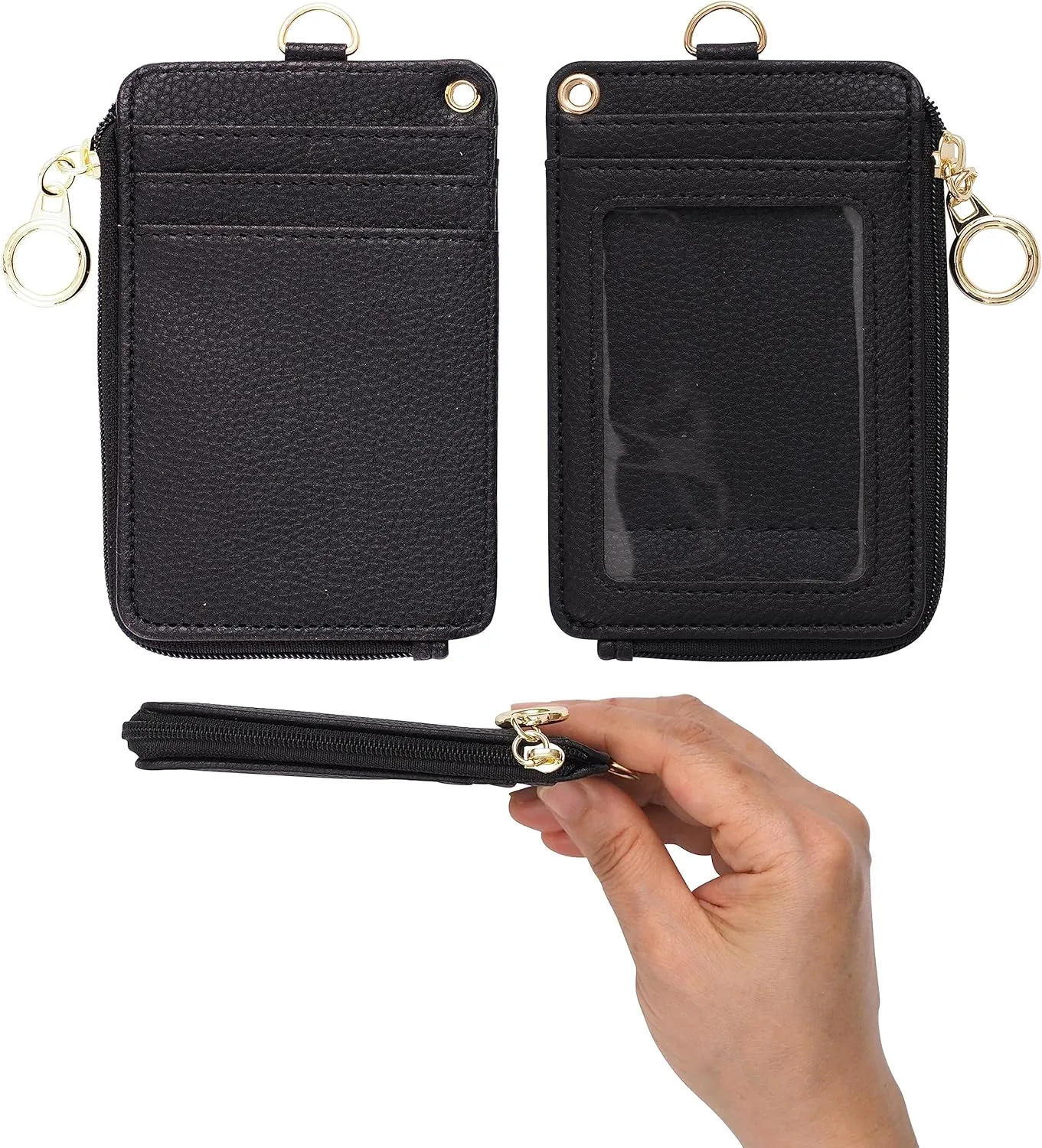 2-in-1 ID Badge Holder & Lanyard Wallet - Multi-Use Womens Small Wallet with Removable Wristlet & Neck Lanyard, Clear Window, 5 Card Slots, Phone Holder, Ring Keychain - Black