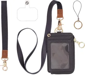 2-in-1 ID Badge Holder & Lanyard Wallet - Multi-Use Womens Small Wallet with Removable Wristlet & Neck Lanyard, Clear Window, 5 Card Slots, Phone Holder, Ring Keychain - Black