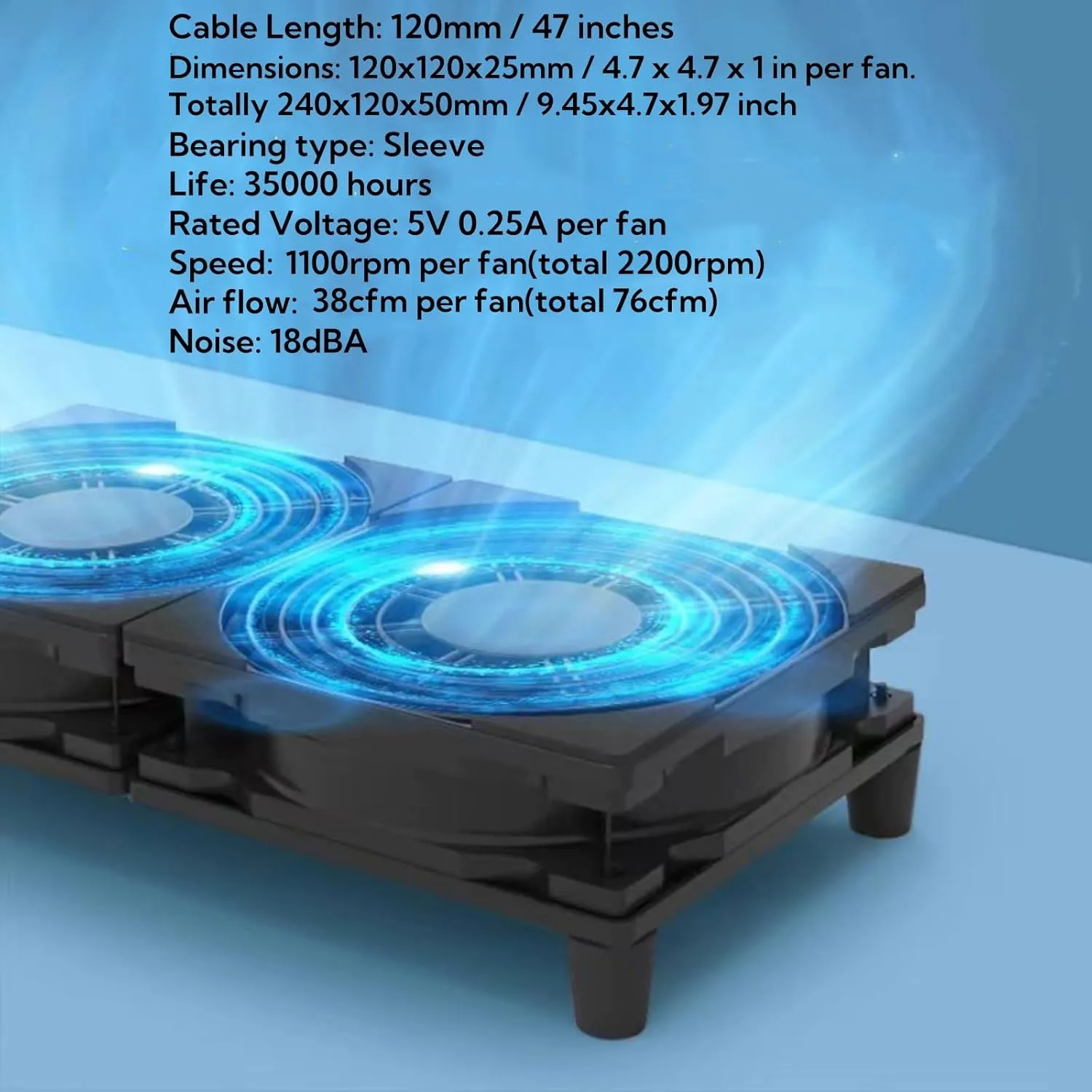 5V Quiet Dual USB Cooling Fan 120mm x 2 with 1200mm Cable,76CFM Airflow Cooling for Router, Computer, Mac Mini, PlayStation, Rack DIY Audio Video Network Cabinet Server Cooling Project