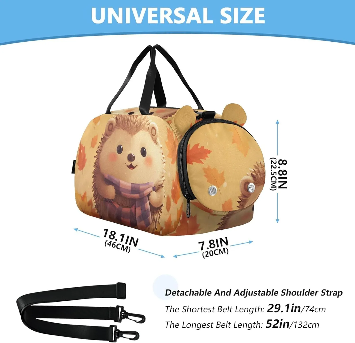 Adorable Hedgehog Autumn Leave Orange Duffle Bags for Traveling Tote Weekender Overnight Carry on Duffel Bag Boy Shoe Compartment