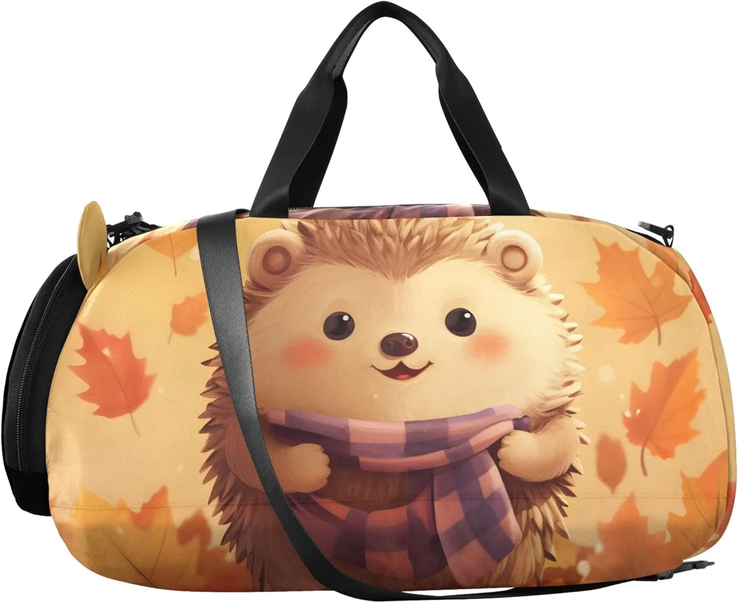 Adorable Hedgehog Autumn Leave Orange Duffle Bags for Traveling Tote Weekender Overnight Carry on Duffel Bag Boy Shoe Compartment