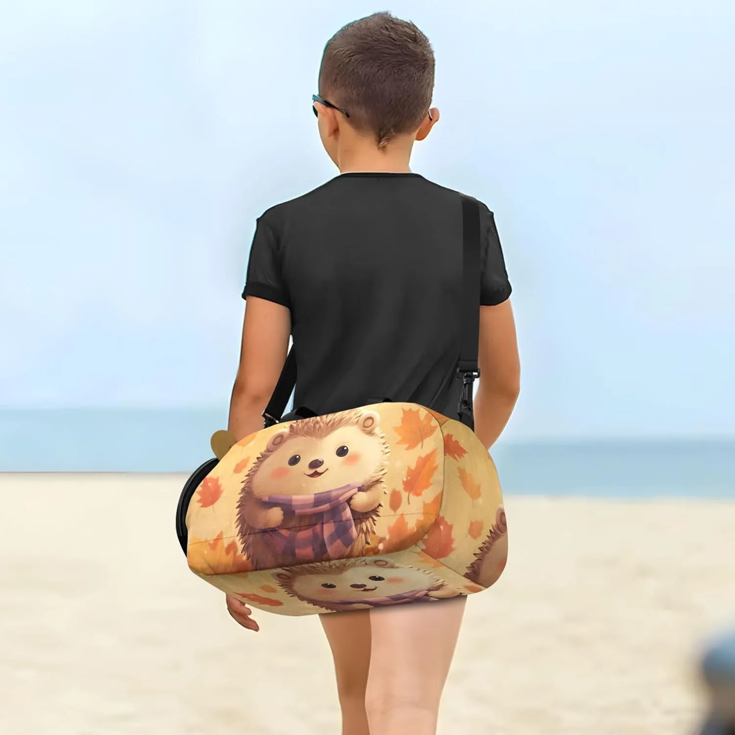 Adorable Hedgehog Autumn Leave Orange Duffle Bags for Traveling Tote Weekender Overnight Carry on Duffel Bag Boy Shoe Compartment