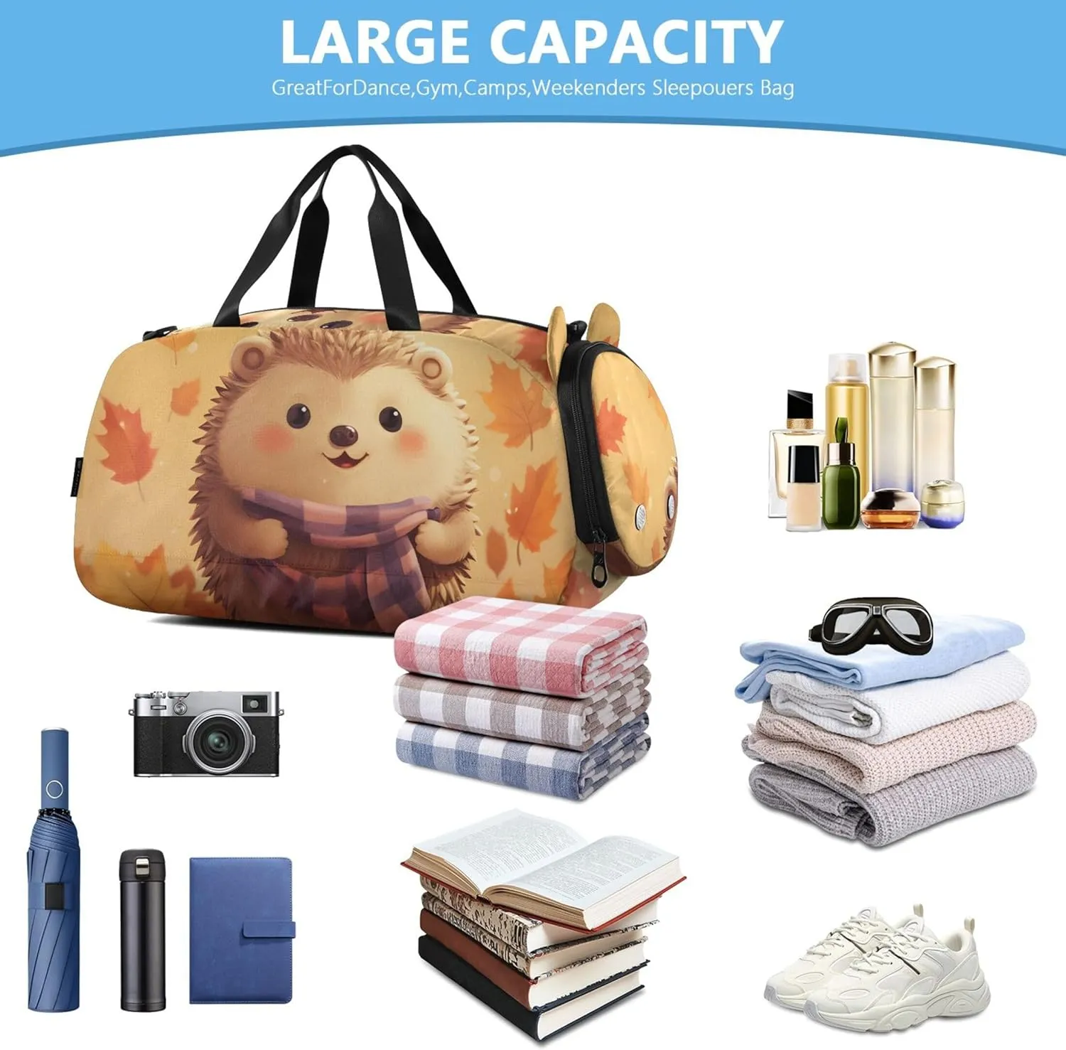 Adorable Hedgehog Autumn Leave Orange Duffle Bags for Traveling Tote Weekender Overnight Carry on Duffel Bag Boy Shoe Compartment