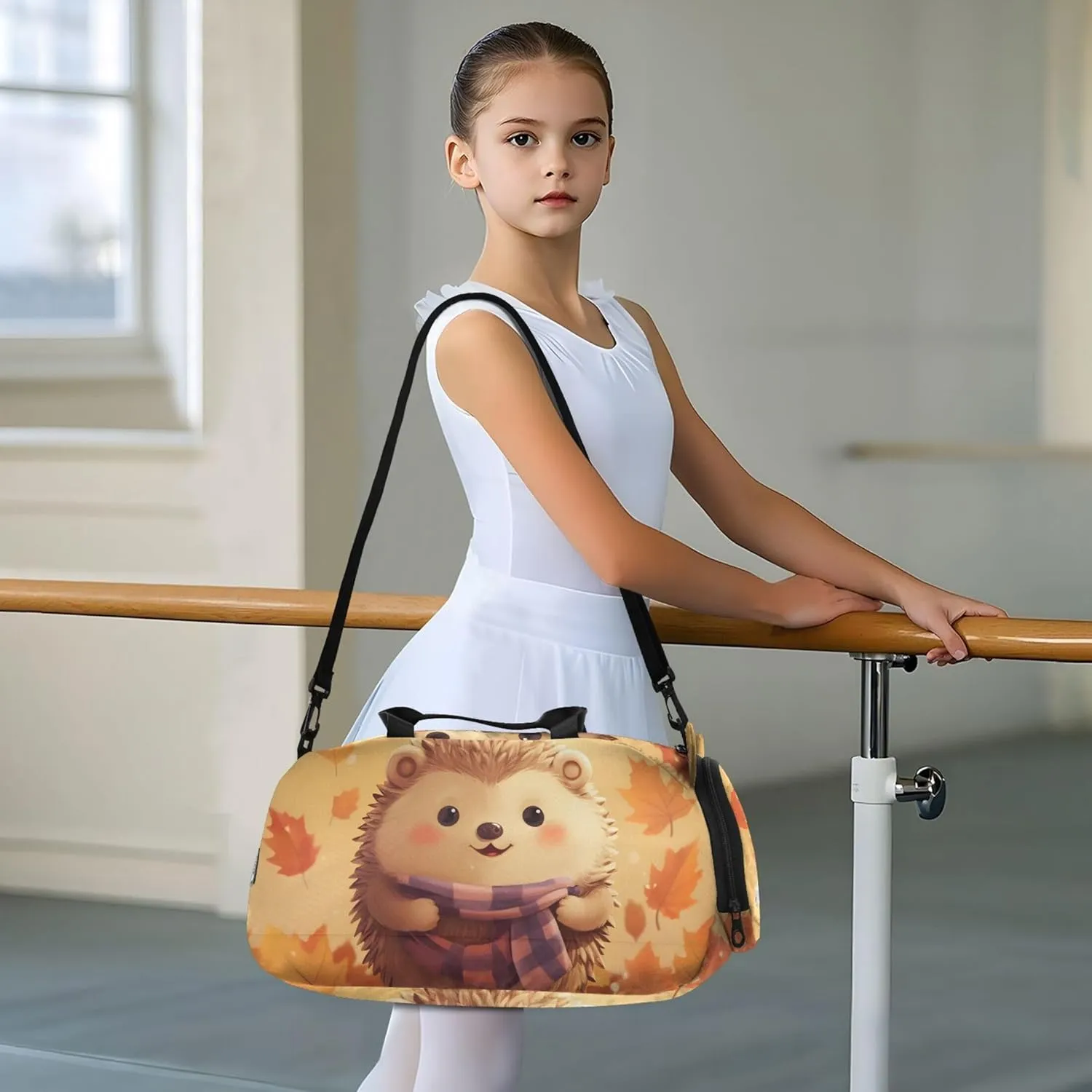 Adorable Hedgehog Autumn Leave Orange Duffle Bags for Traveling Tote Weekender Overnight Carry on Duffel Bag Boy Shoe Compartment