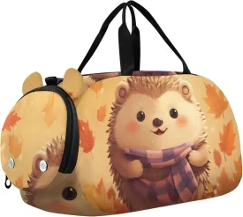 Adorable Hedgehog Autumn Leave Orange Duffle Bags for Traveling Tote Weekender Overnight Carry on Duffel Bag Boy Shoe Compartment