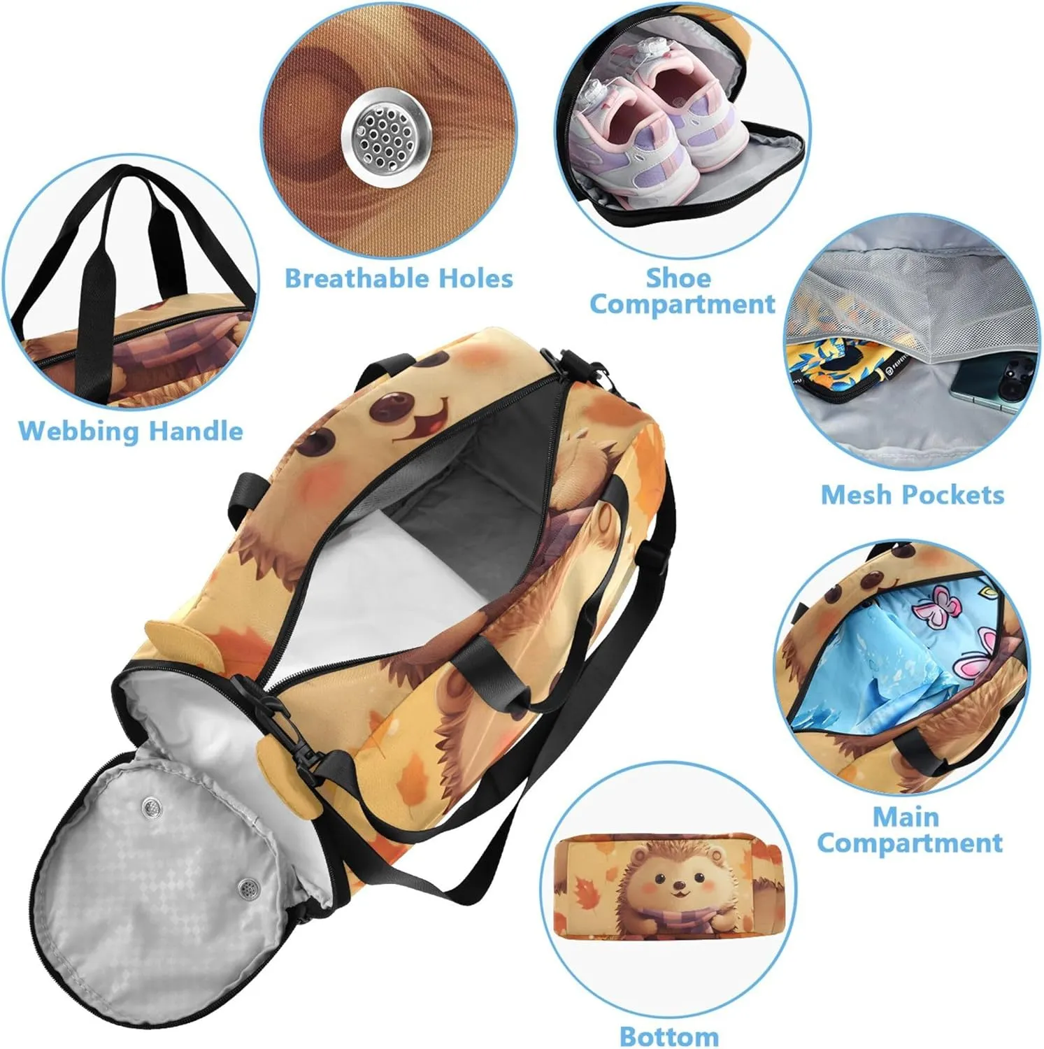 Adorable Hedgehog Autumn Leave Orange Duffle Bags for Traveling Tote Weekender Overnight Carry on Duffel Bag Boy Shoe Compartment