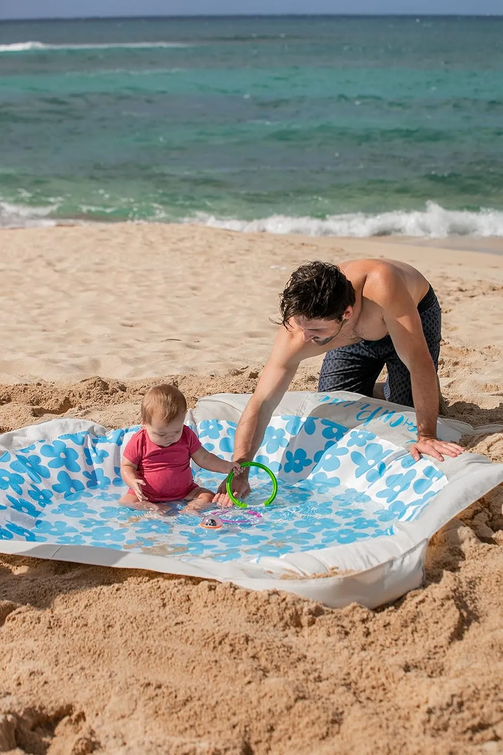 Baby Beach Pool | 2-in-1 Kiddie Pool and Beach Blanket | Flexible Toddler and Baby Pool | Beach Toys for Kids & Toddlers | 6x6 Feet with Waterproof Carrying Bag | Beach Puddle (Blue Flowers)
