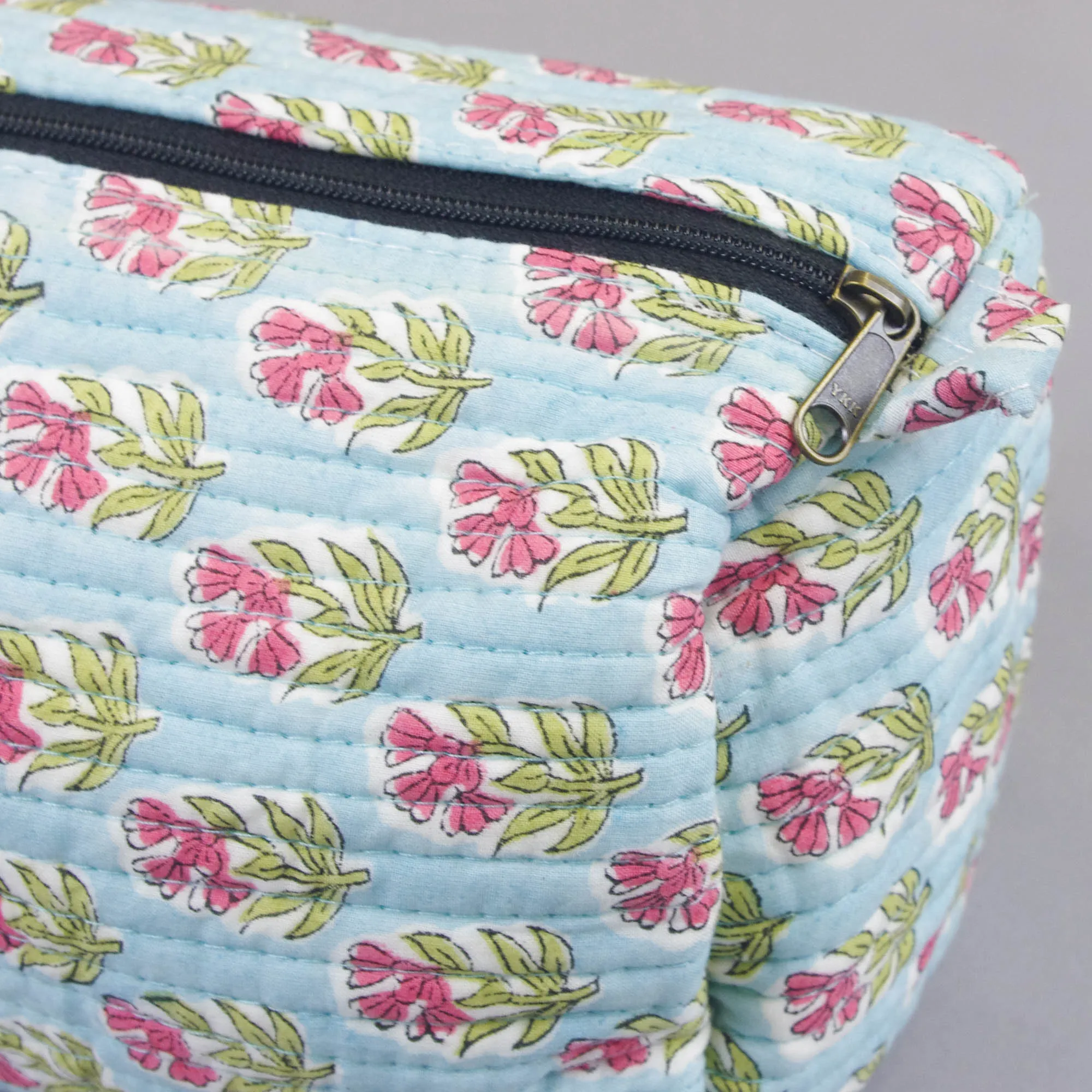 Block Print Quilted Toiletry Bag - Pink Floral On Aqua Blue