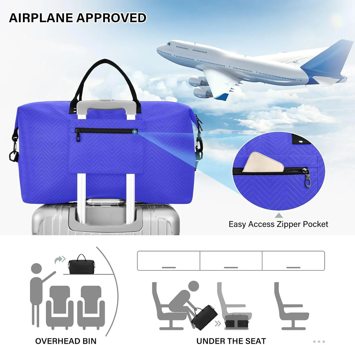 Blue Sports Gym Bag for Women Men Travel Duffel Bag Weekend Overnight Carry on Bag with Toiletry Bag Training Handbag for Workout Swimming Yoga Plane Hospital