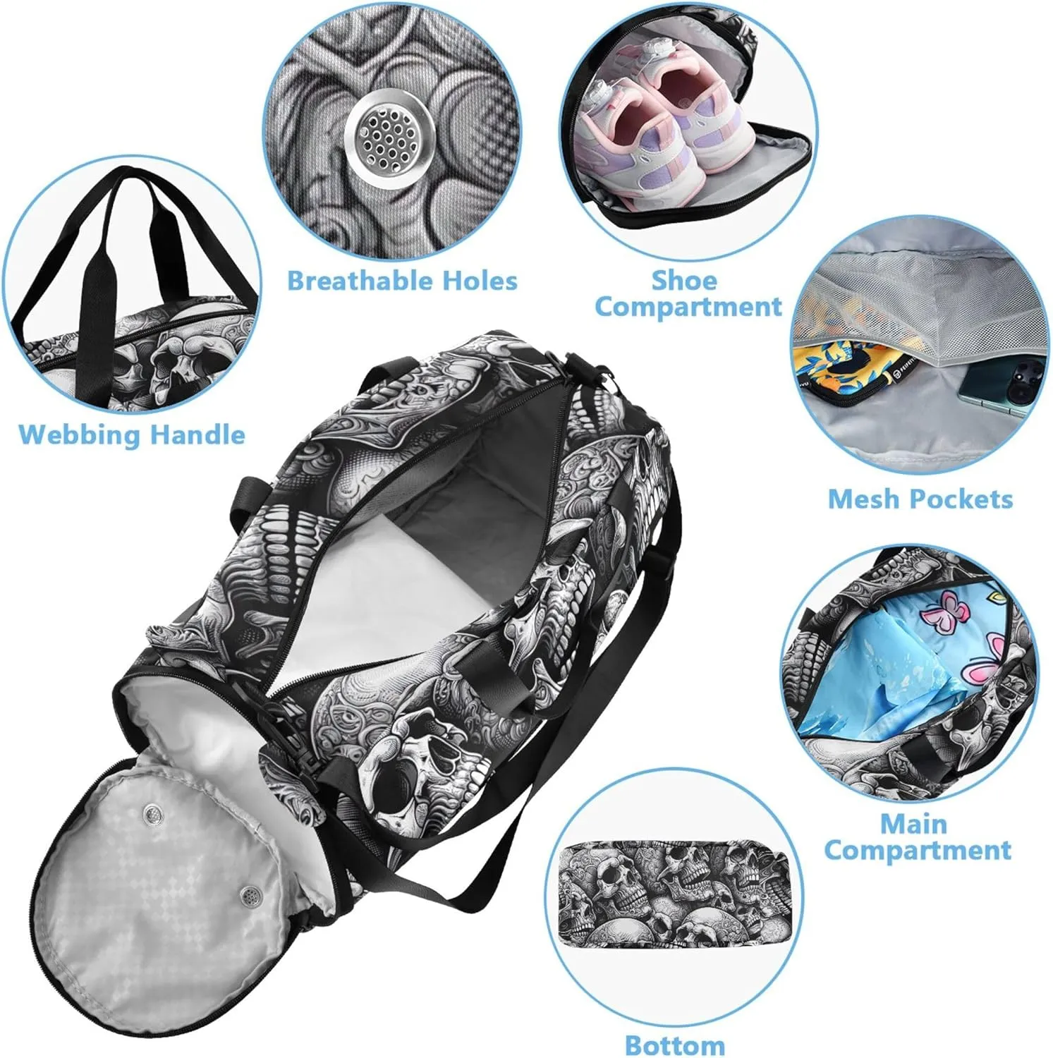 Carry on Duffel Bag for Boys Weekender Overnight Black White Skull Girls Duffle Bags Travel Tote with Shoe Compartment
