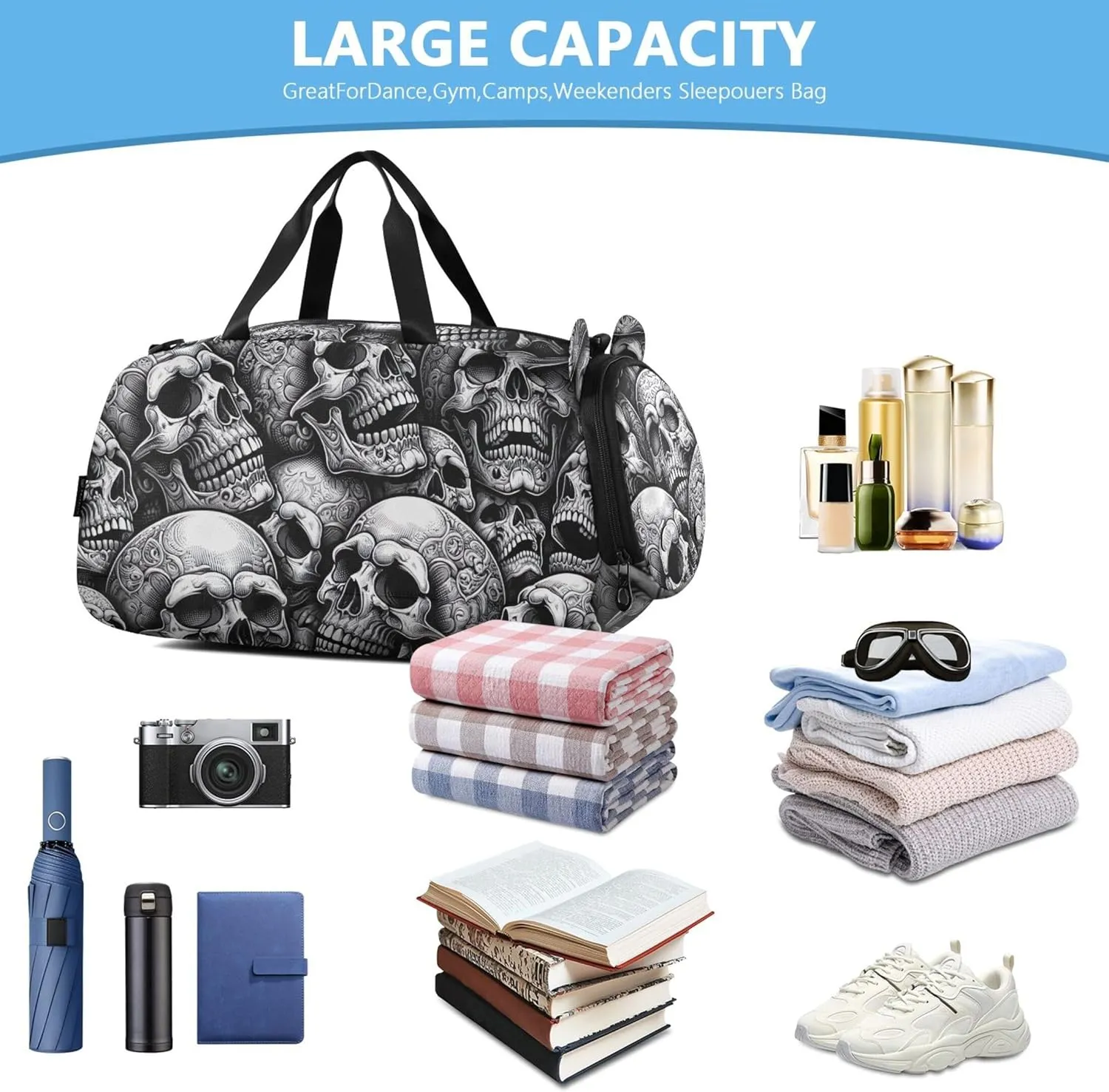 Carry on Duffel Bag for Boys Weekender Overnight Black White Skull Girls Duffle Bags Travel Tote with Shoe Compartment