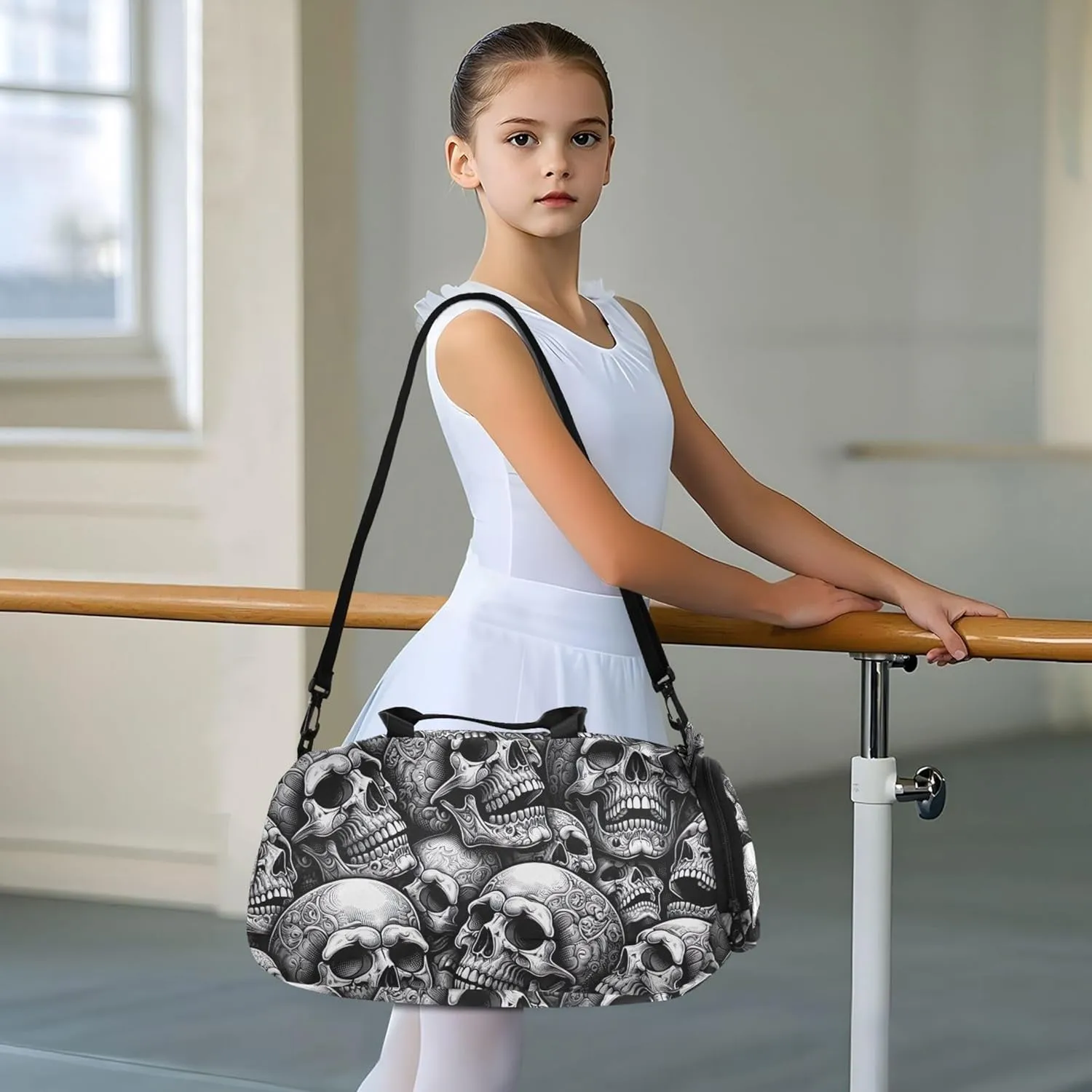 Carry on Duffel Bag for Boys Weekender Overnight Black White Skull Girls Duffle Bags Travel Tote with Shoe Compartment