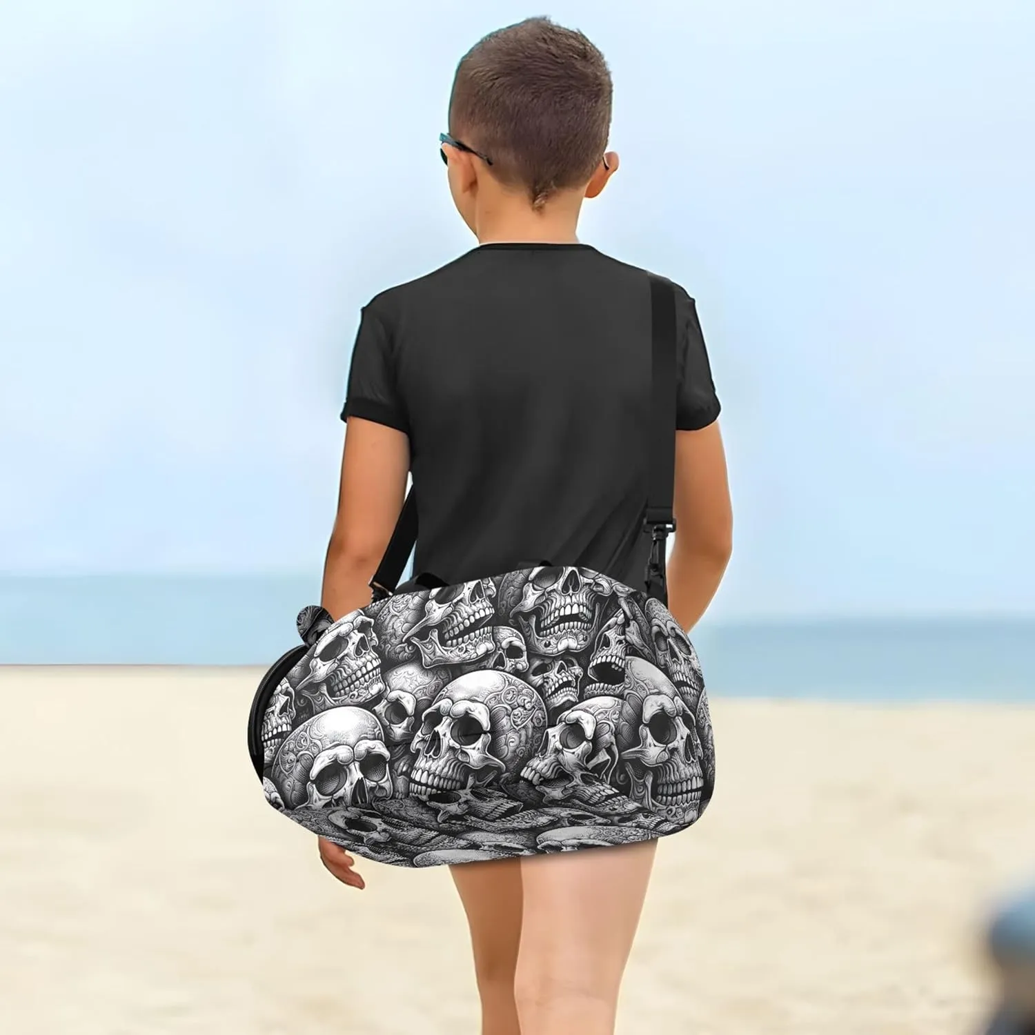 Carry on Duffel Bag for Boys Weekender Overnight Black White Skull Girls Duffle Bags Travel Tote with Shoe Compartment
