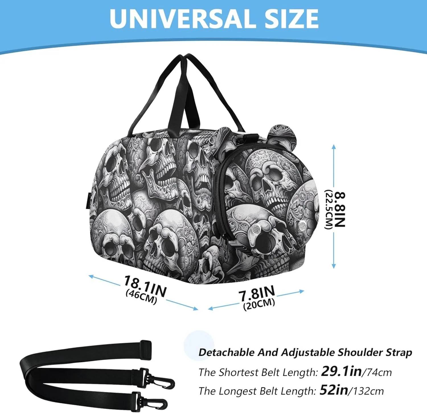 Carry on Duffel Bag for Boys Weekender Overnight Black White Skull Girls Duffle Bags Travel Tote with Shoe Compartment