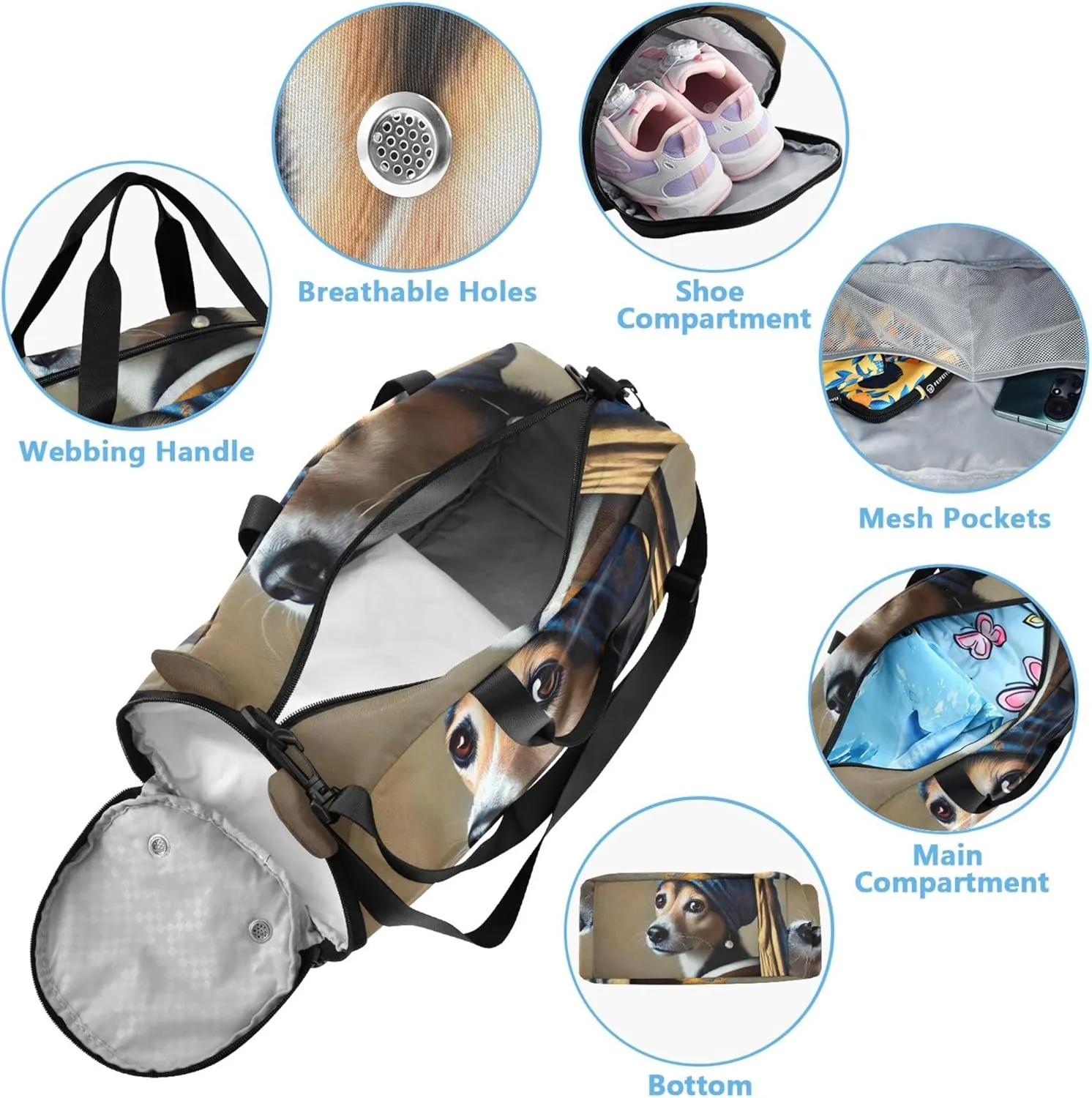 Carry on Duffel for Boys Weekender Overnight Girls Duffle Bags for Travel Gym Duffle Kids Luggage Regal Dog Pearl Earring