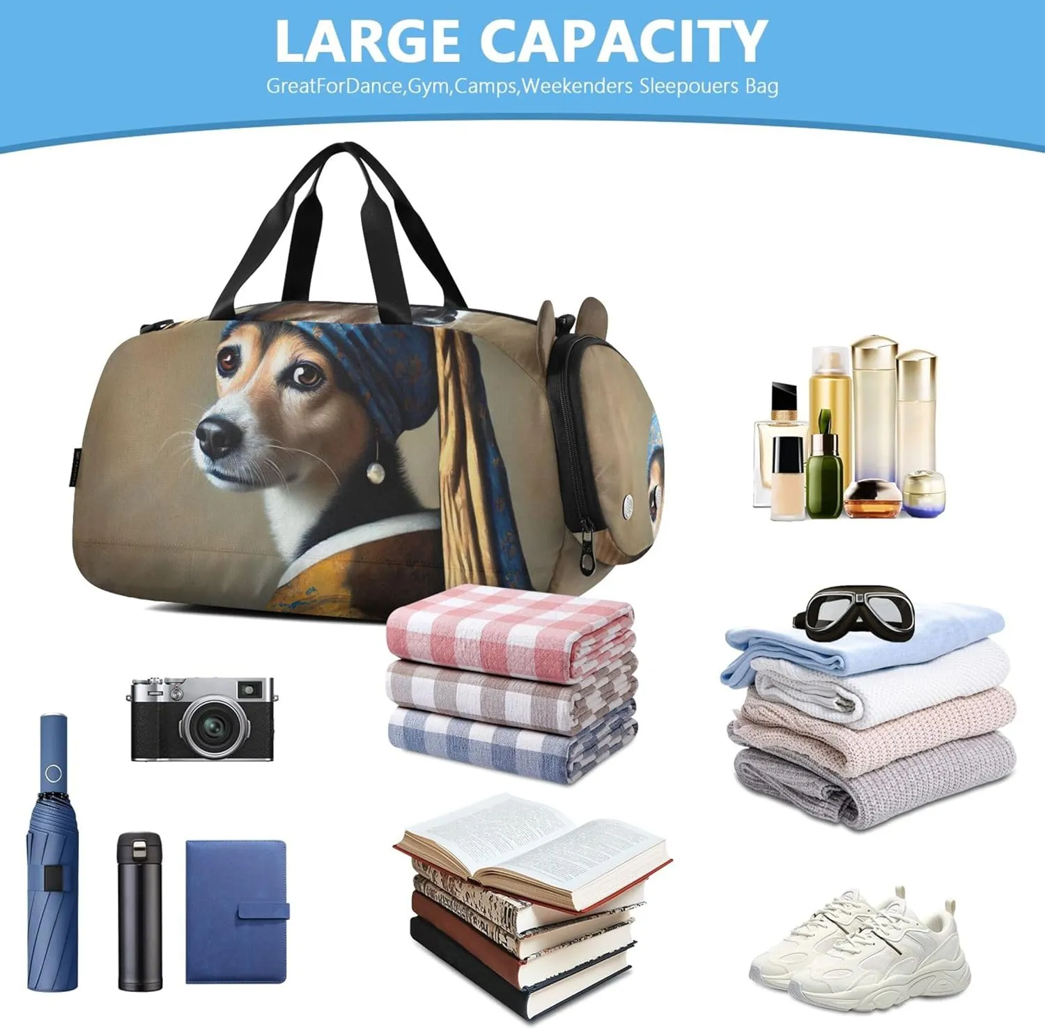 Carry on Duffel for Boys Weekender Overnight Girls Duffle Bags for Travel Gym Duffle Kids Luggage Regal Dog Pearl Earring