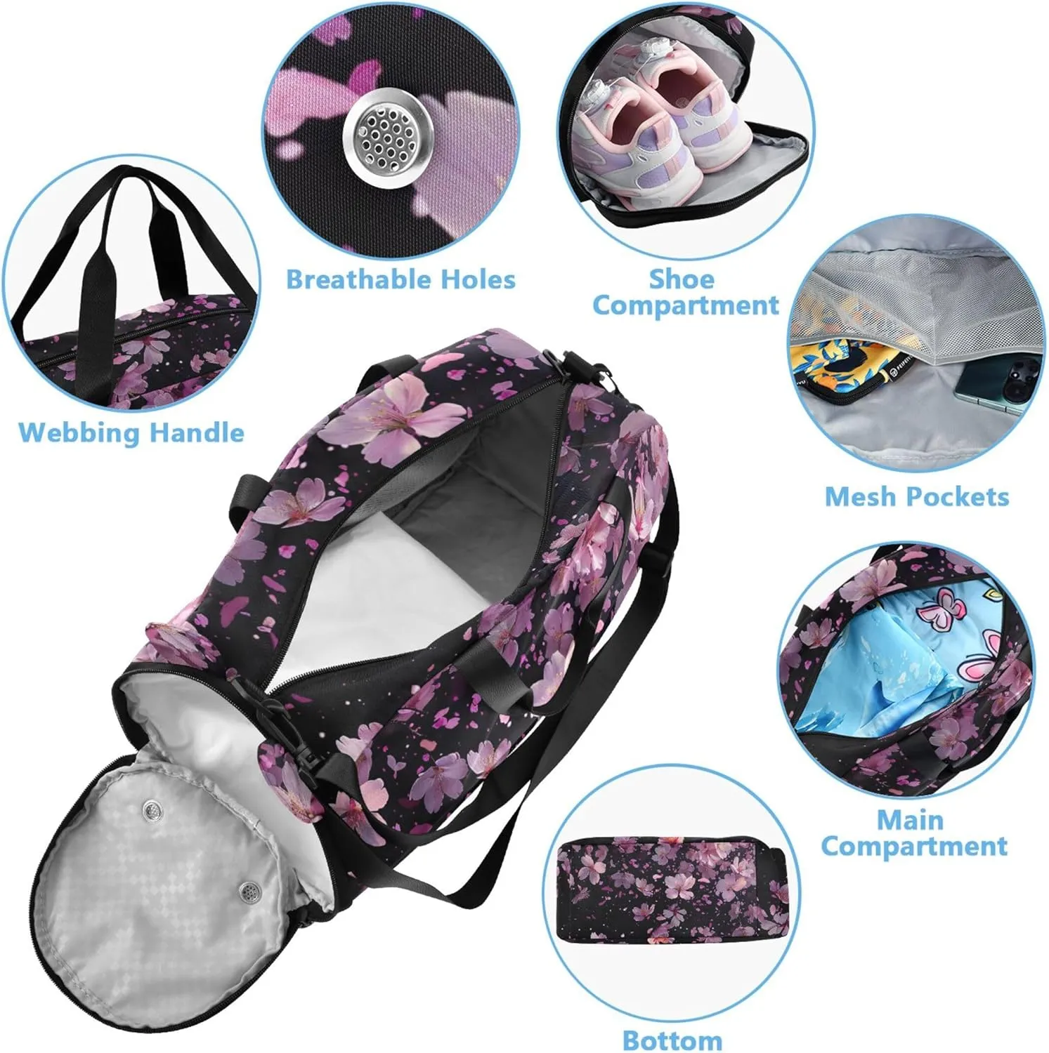 Cherry Blossoms Pink Girls Duffle Bags Travel Tote Toddler Weekender Bags Carry on Duffel Bag Boys with Shoulder Strap