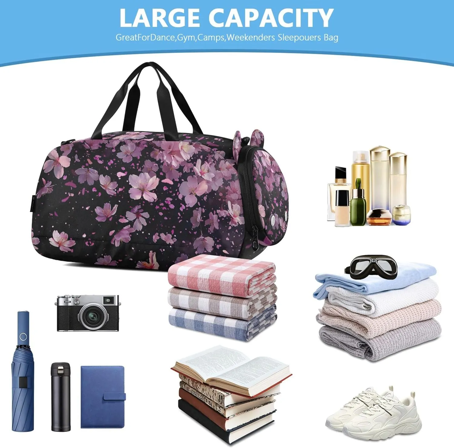 Cherry Blossoms Pink Girls Duffle Bags Travel Tote Toddler Weekender Bags Carry on Duffel Bag Boys with Shoulder Strap