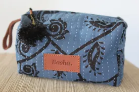 Cosmetic Bag with Leather Strap - Blue