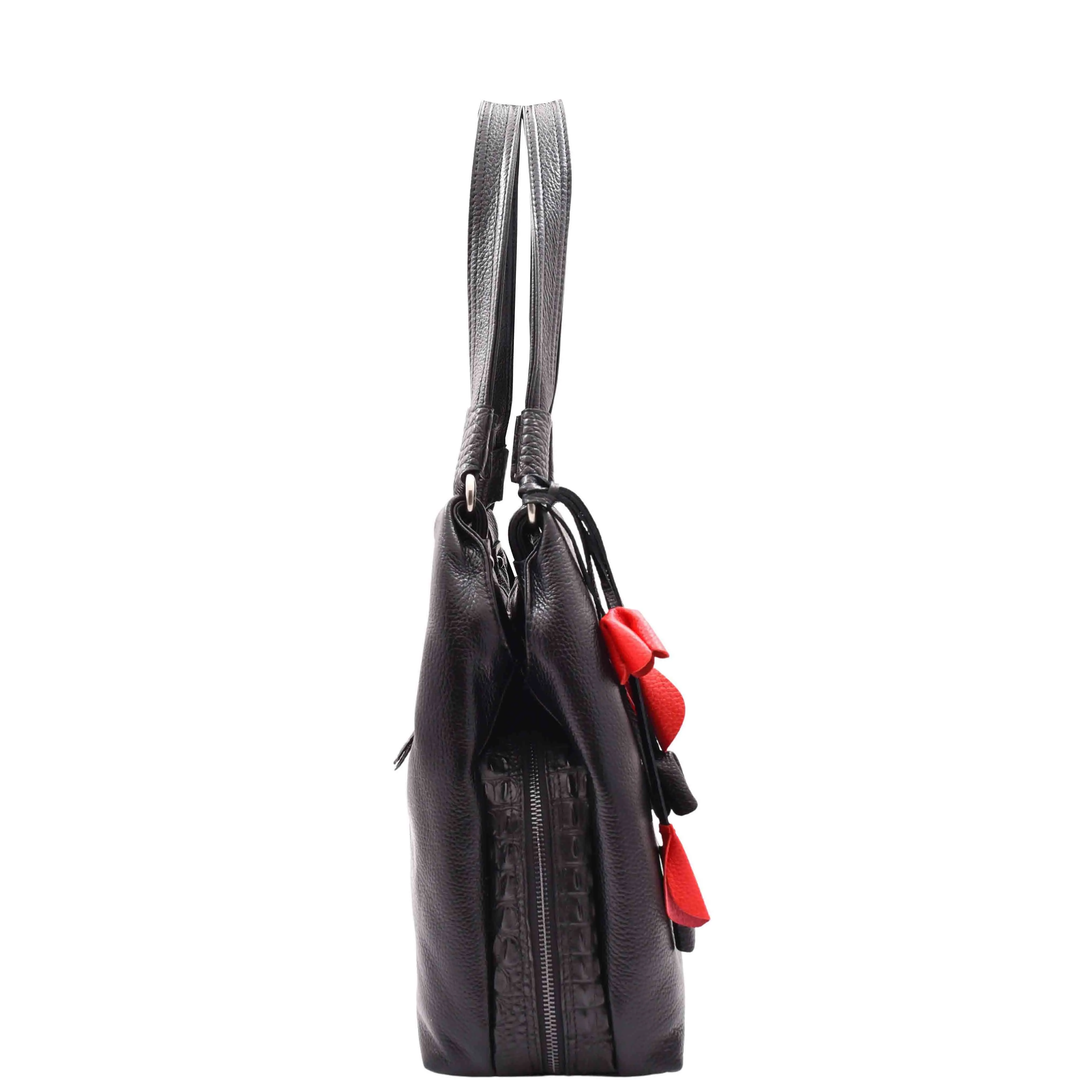 DR583 Women's Large Leather Hobo Bag With Zip Opening Black