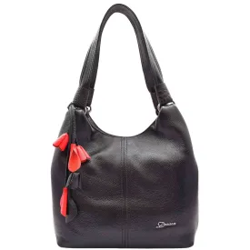 DR583 Women's Large Leather Hobo Bag With Zip Opening Black