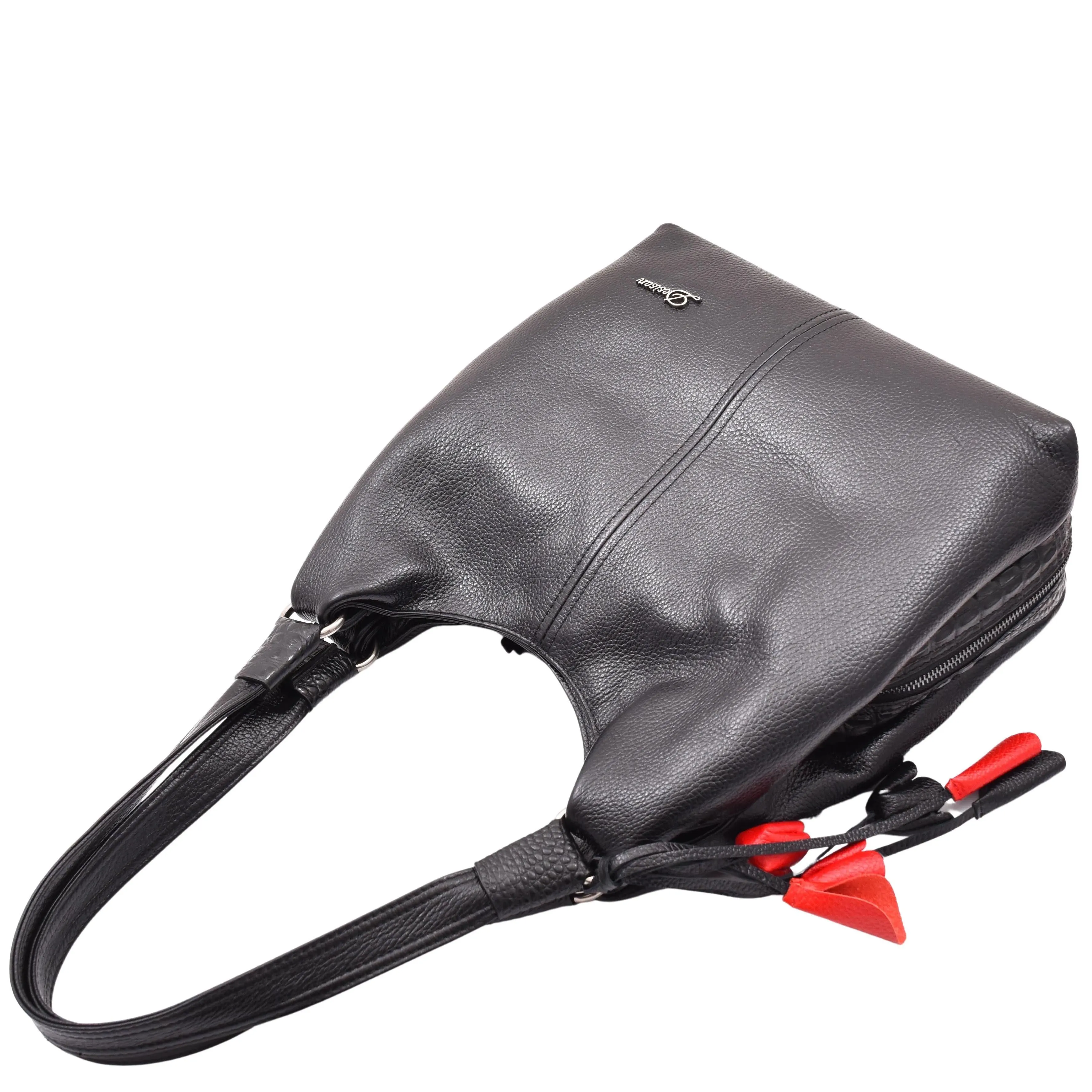 DR583 Women's Large Leather Hobo Bag With Zip Opening Black
