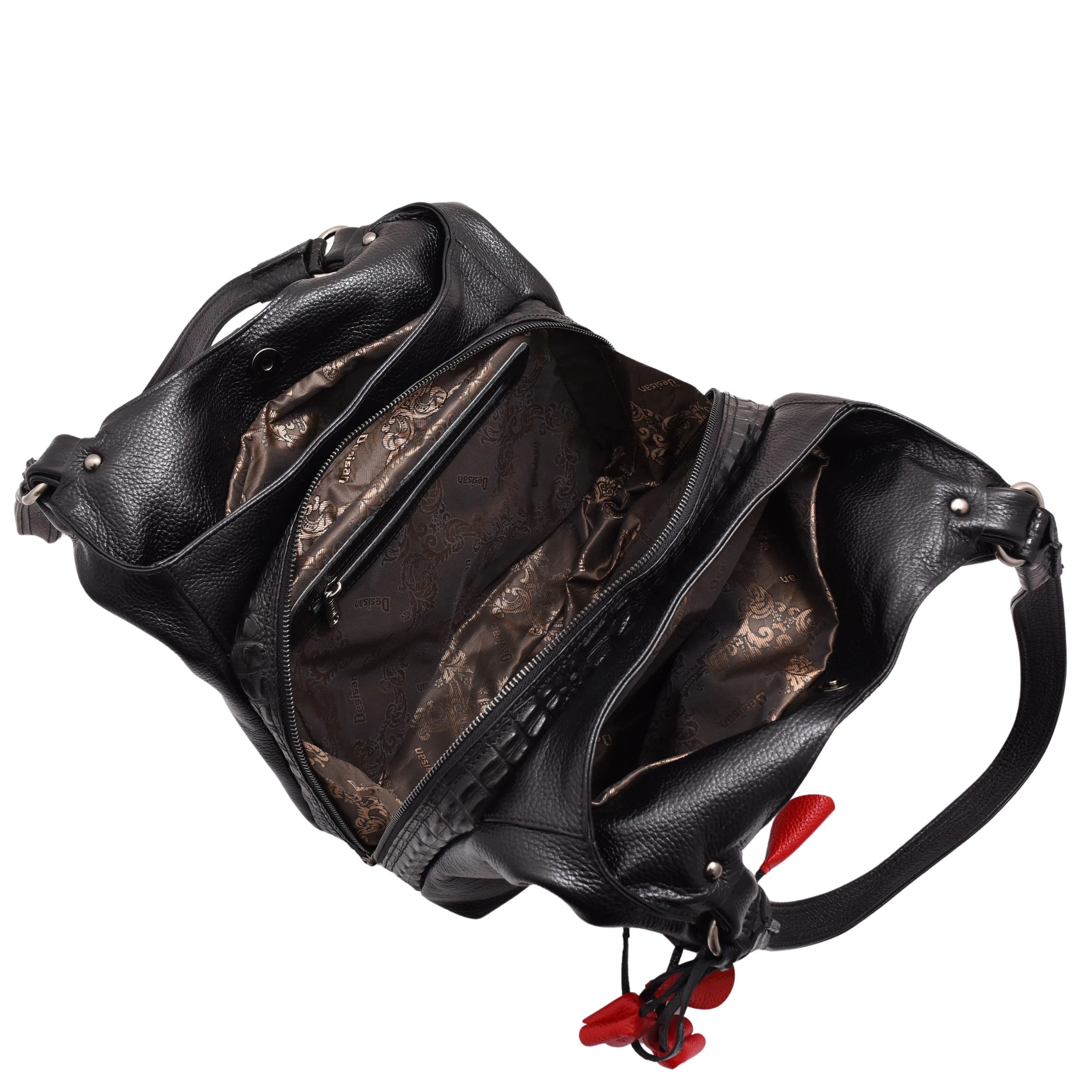 DR583 Women's Large Leather Hobo Bag With Zip Opening Black