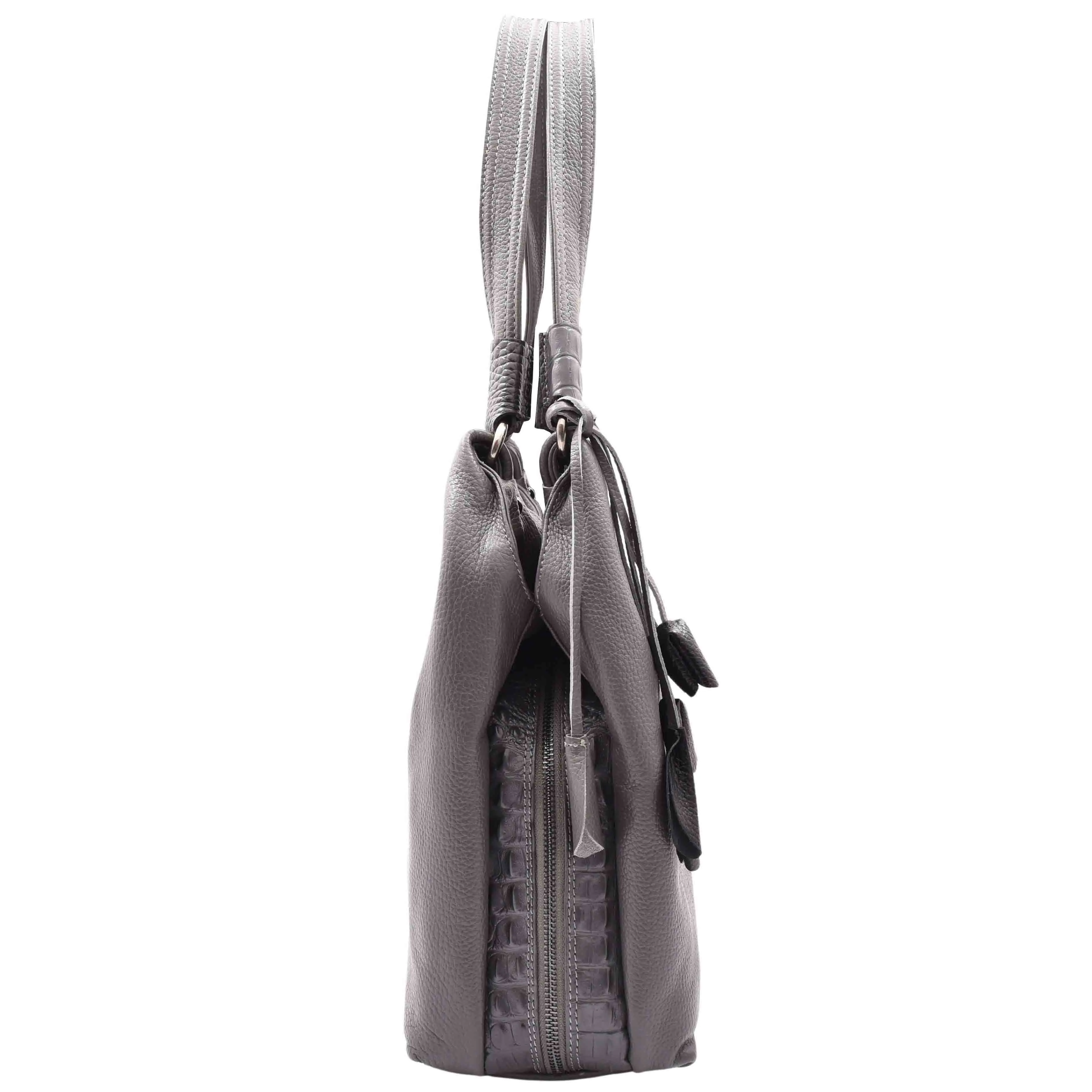 DR583 Women's Large Leather Hobo Bag With Zip Opening Grey