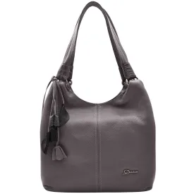 DR583 Women's Large Leather Hobo Bag With Zip Opening Grey