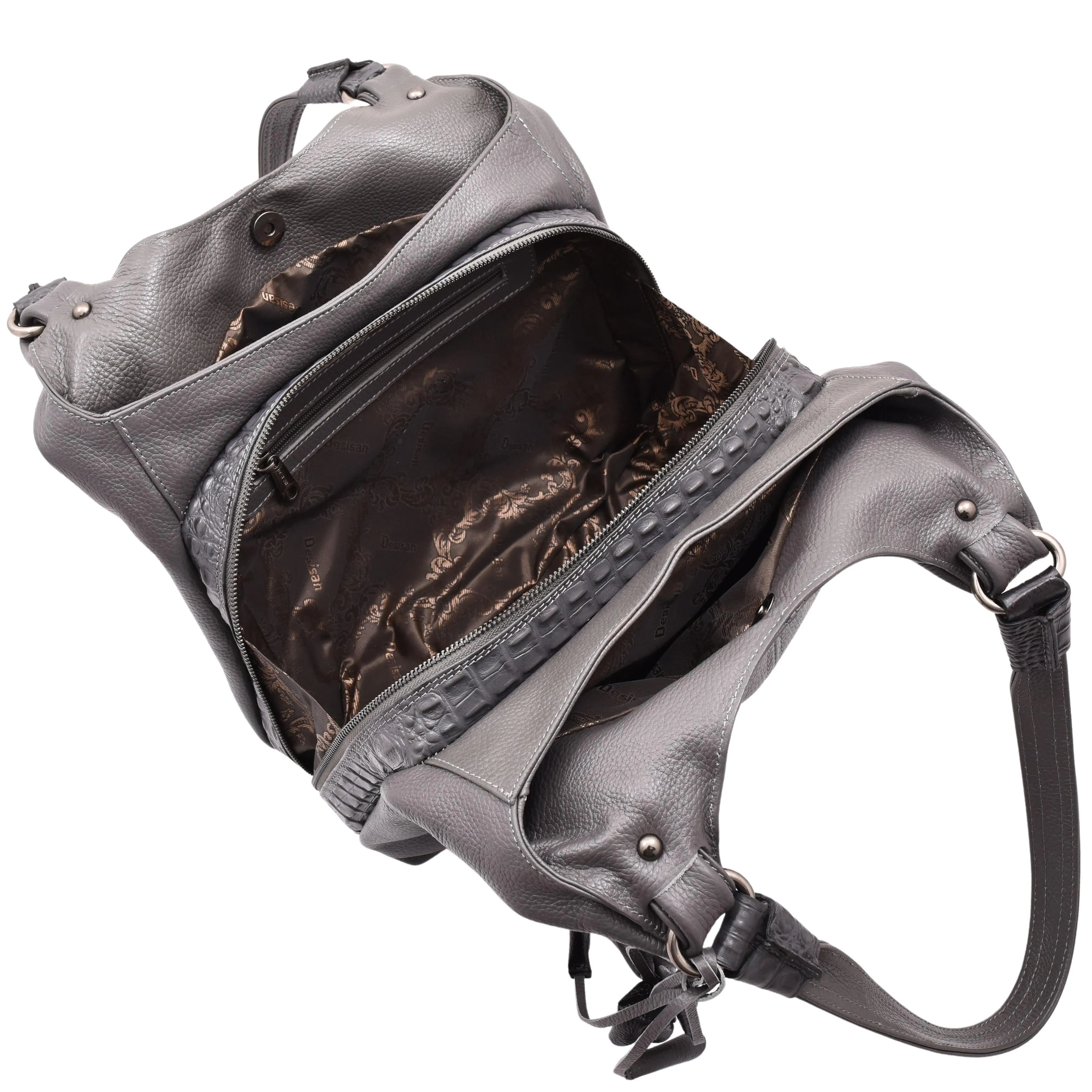 DR583 Women's Large Leather Hobo Bag With Zip Opening Grey