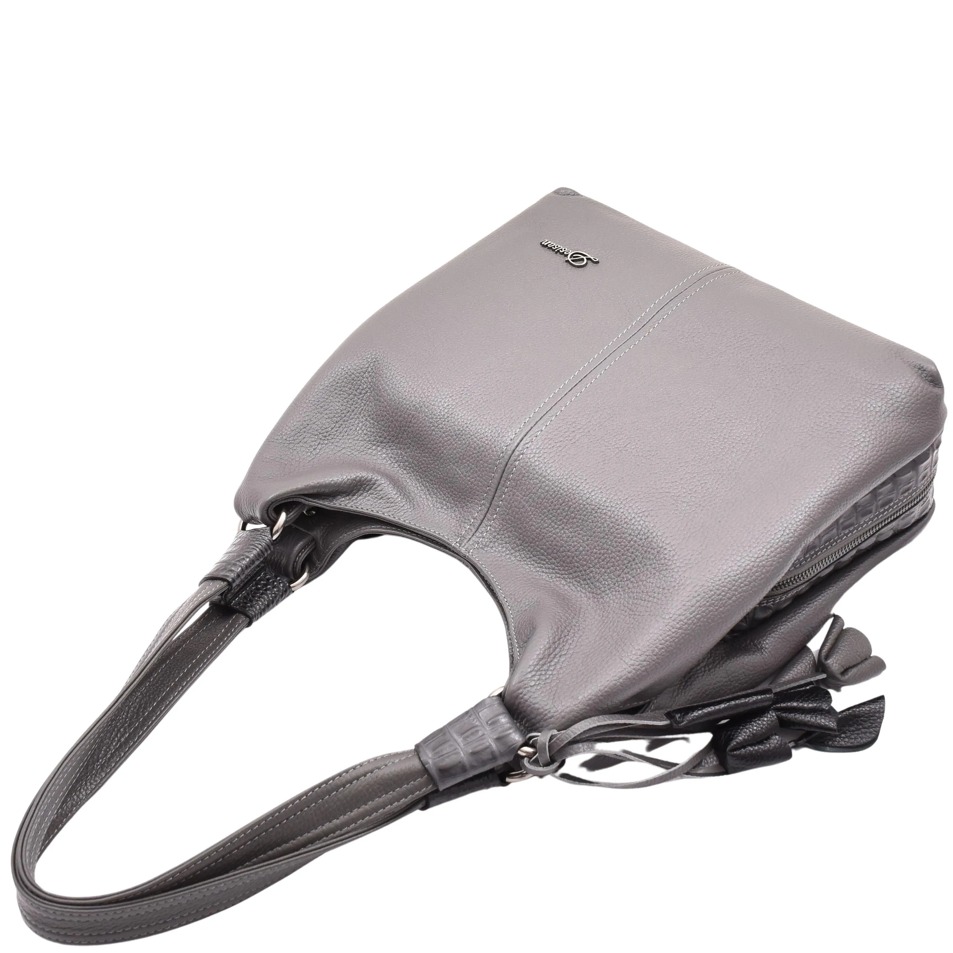 DR583 Women's Large Leather Hobo Bag With Zip Opening Grey