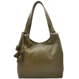 DR583 Women's Large Leather Hobo Bag With Zip Opening Olive