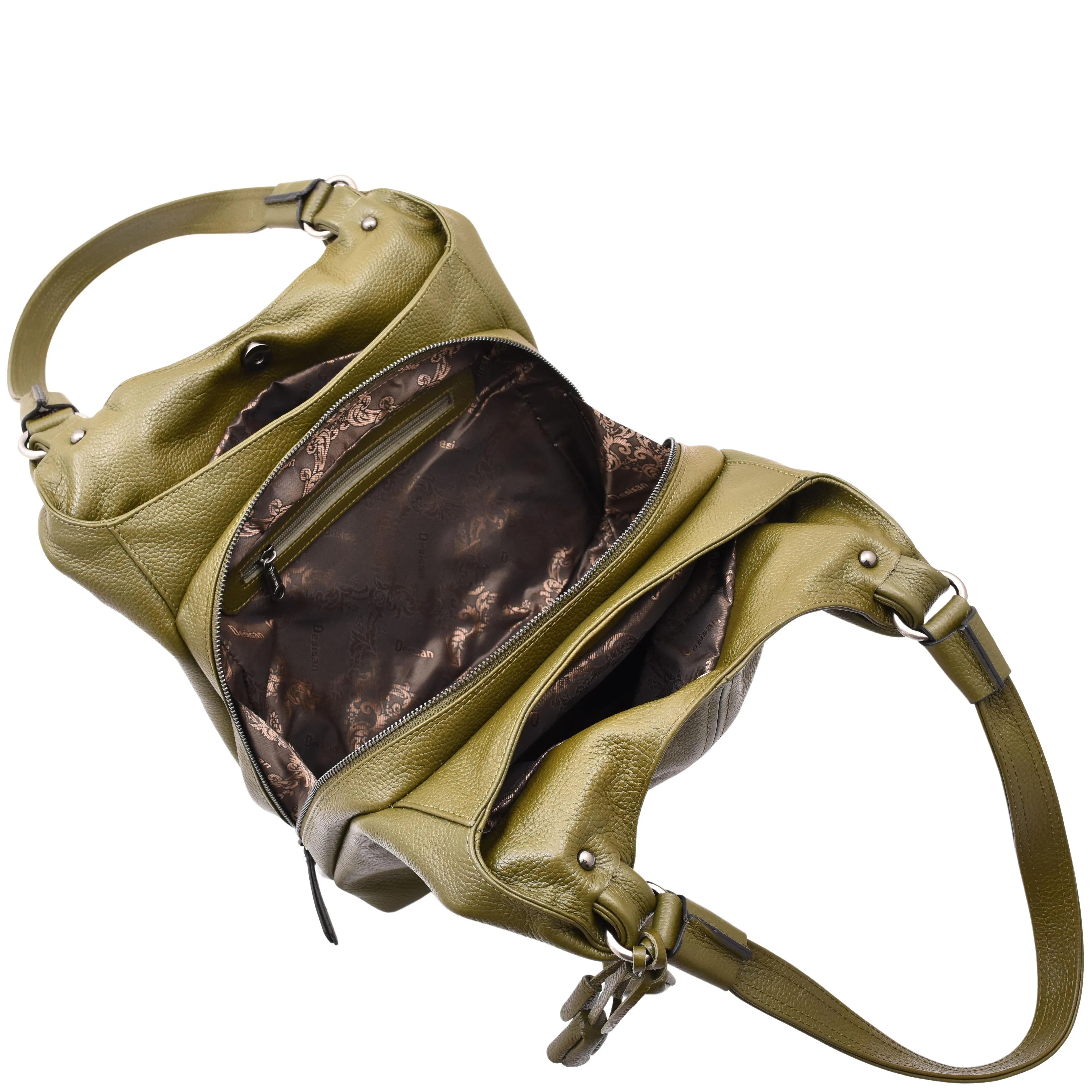DR583 Women's Large Leather Hobo Bag With Zip Opening Olive