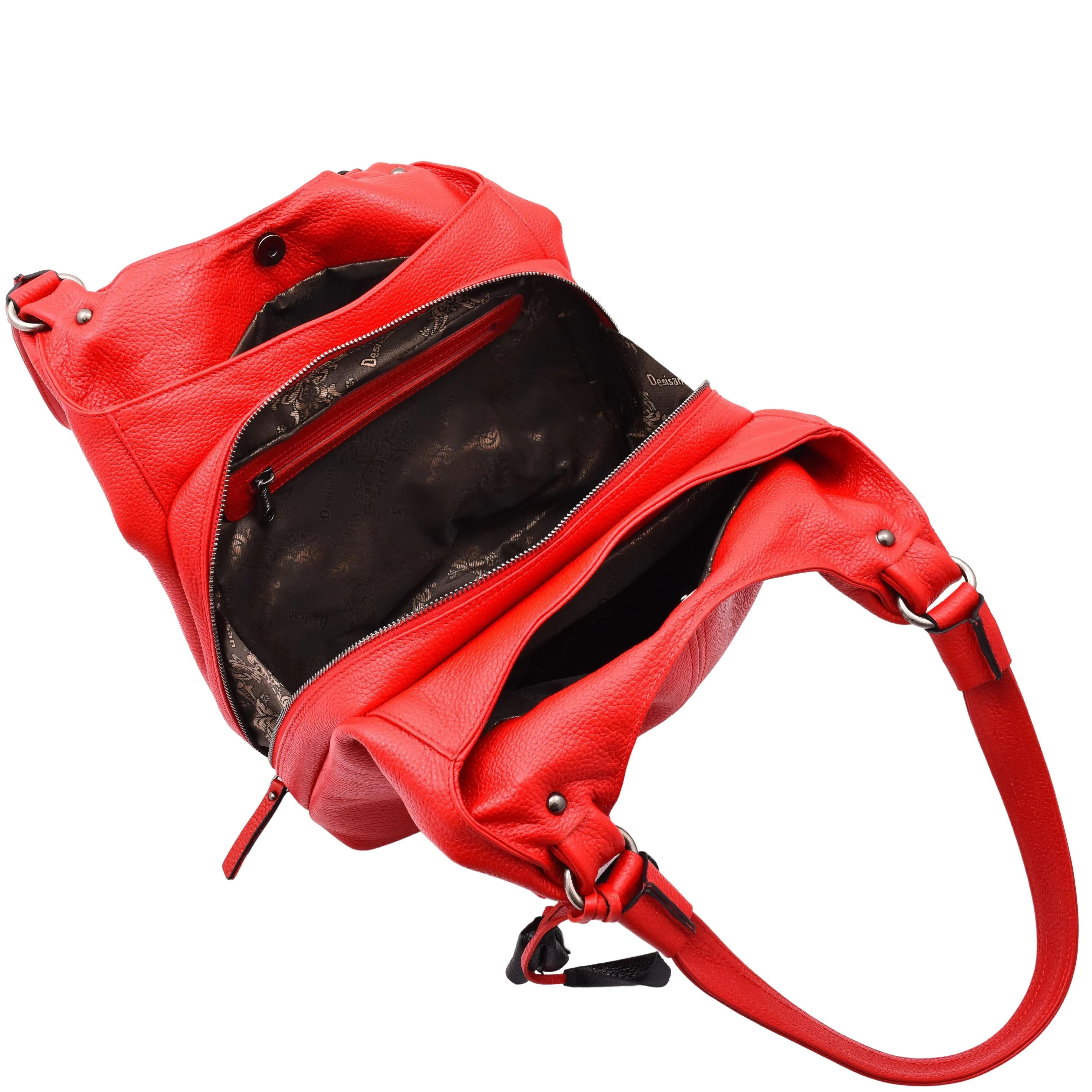 DR583 Women's Large Leather Hobo Bag With Zip Opening Red