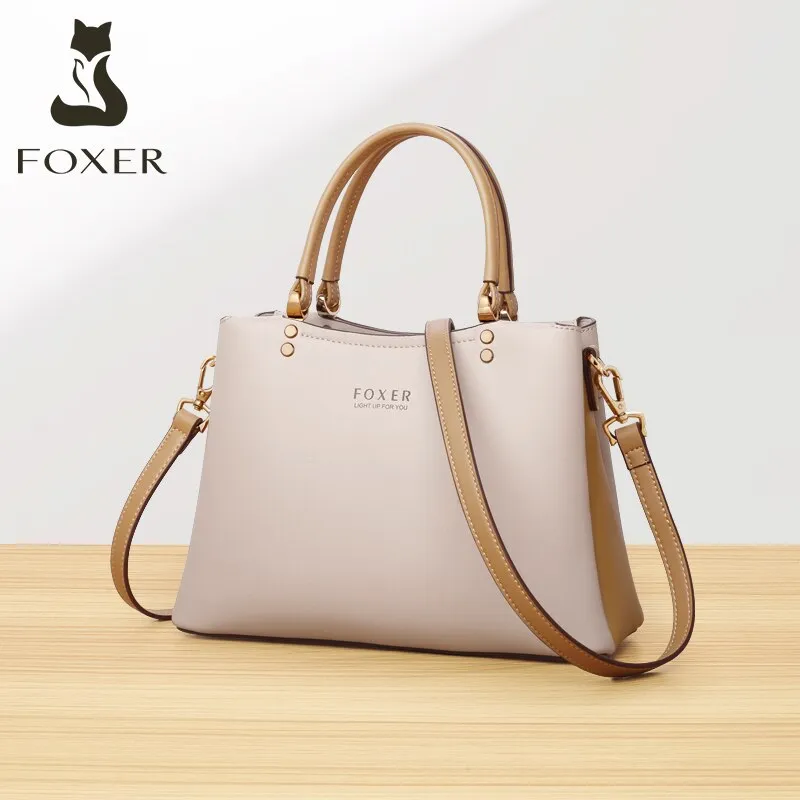FOXER Women Fall Winter Bag Cow Leather Lady Handbag Elegant Tote Female Work Purse Commute Big Crossbody Shoulder Messenger Bag