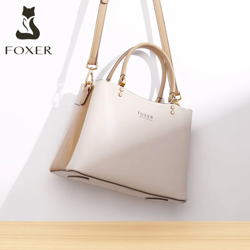 FOXER Women Fall Winter Bag Cow Leather Lady Handbag Elegant Tote Female Work Purse Commute Big Crossbody Shoulder Messenger Bag