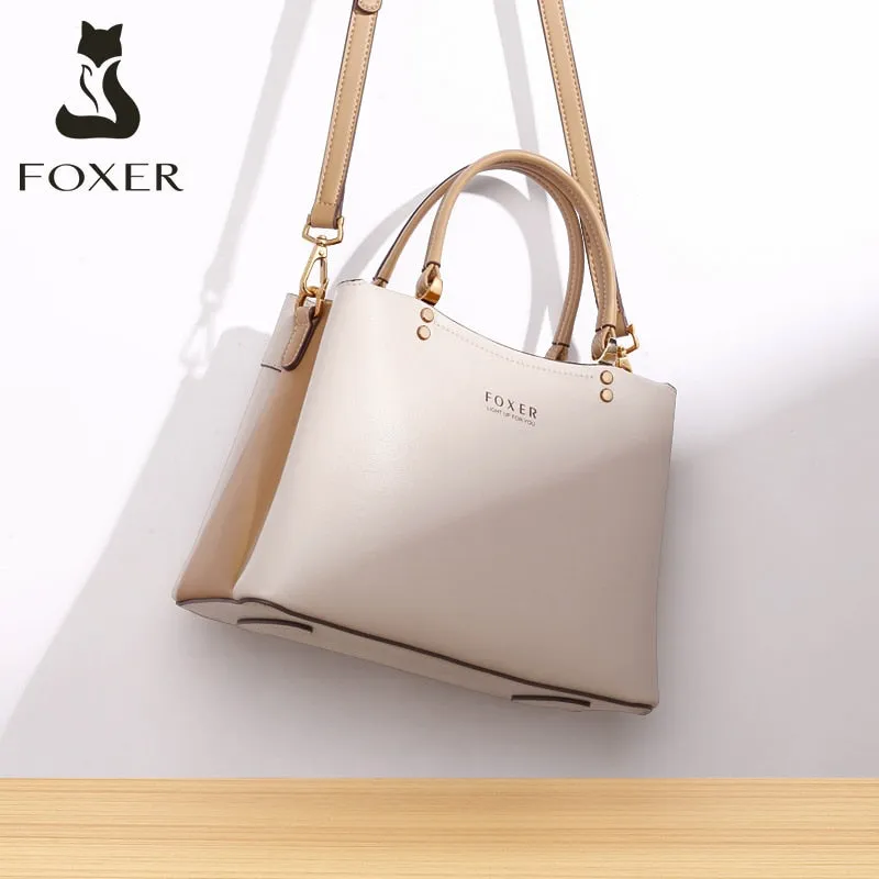 FOXER Women Fall Winter Bag Cow Leather Lady Handbag Elegant Tote Female Work Purse Commute Big Crossbody Shoulder Messenger Bag