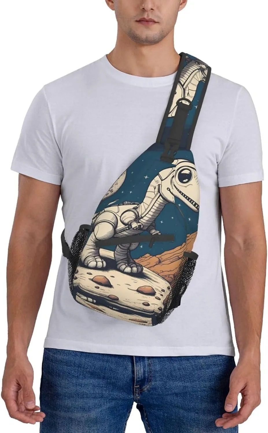 Funny Astronaut Dinosaur Rocke Shoulder Bag Crossbody Backpack Chest Bag Lightweight Sling Daypackstravel Hiking Cycling For Men Women