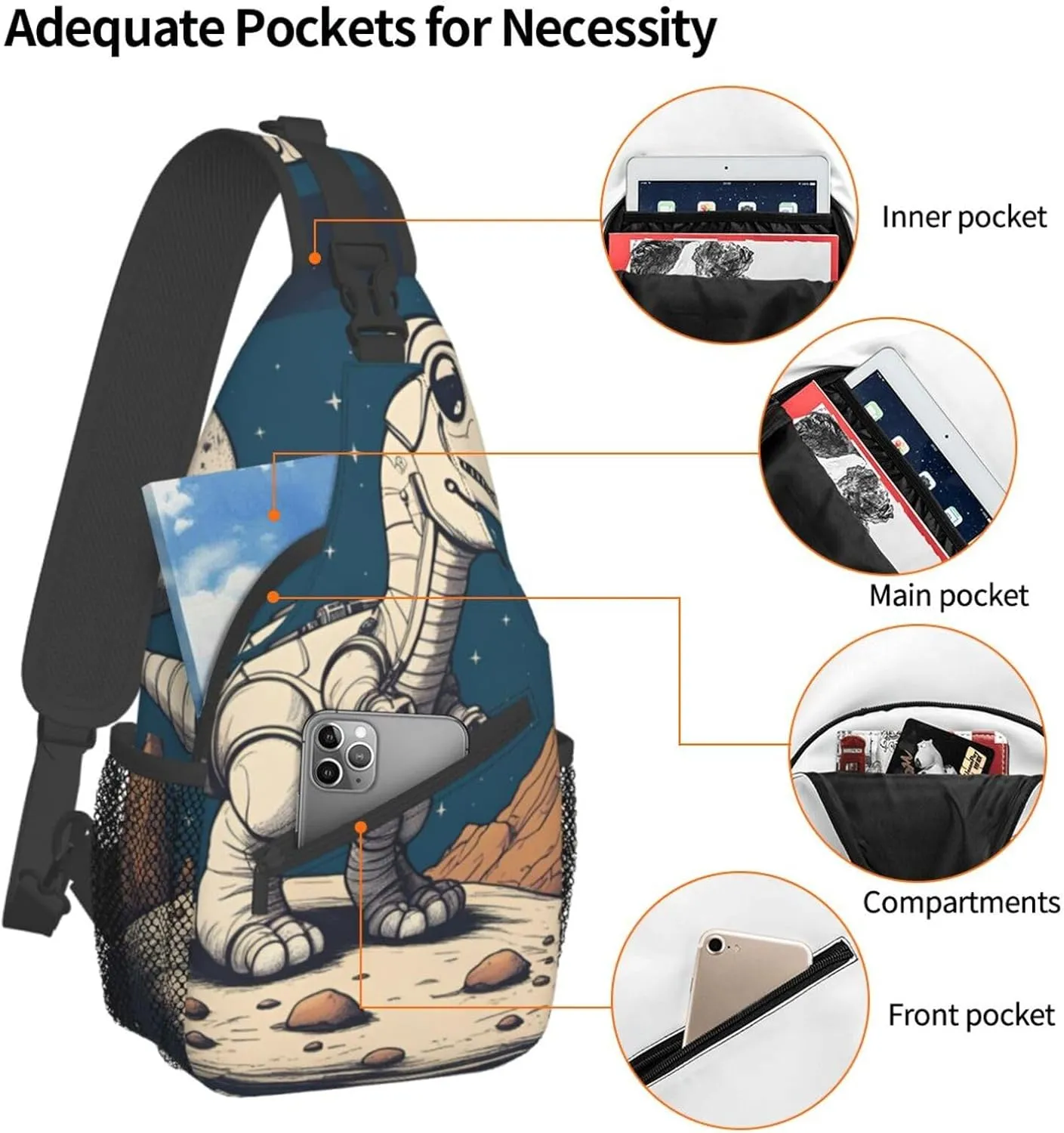 Funny Astronaut Dinosaur Rocke Shoulder Bag Crossbody Backpack Chest Bag Lightweight Sling Daypackstravel Hiking Cycling For Men Women