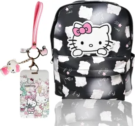 Kawaii Kitty Backpack with Card Badge Holder and Keychain for Teens Women, Cute Cartoon Nylon Mini Backpack Purse Shoulder Bag Bookbag Travel Daypack