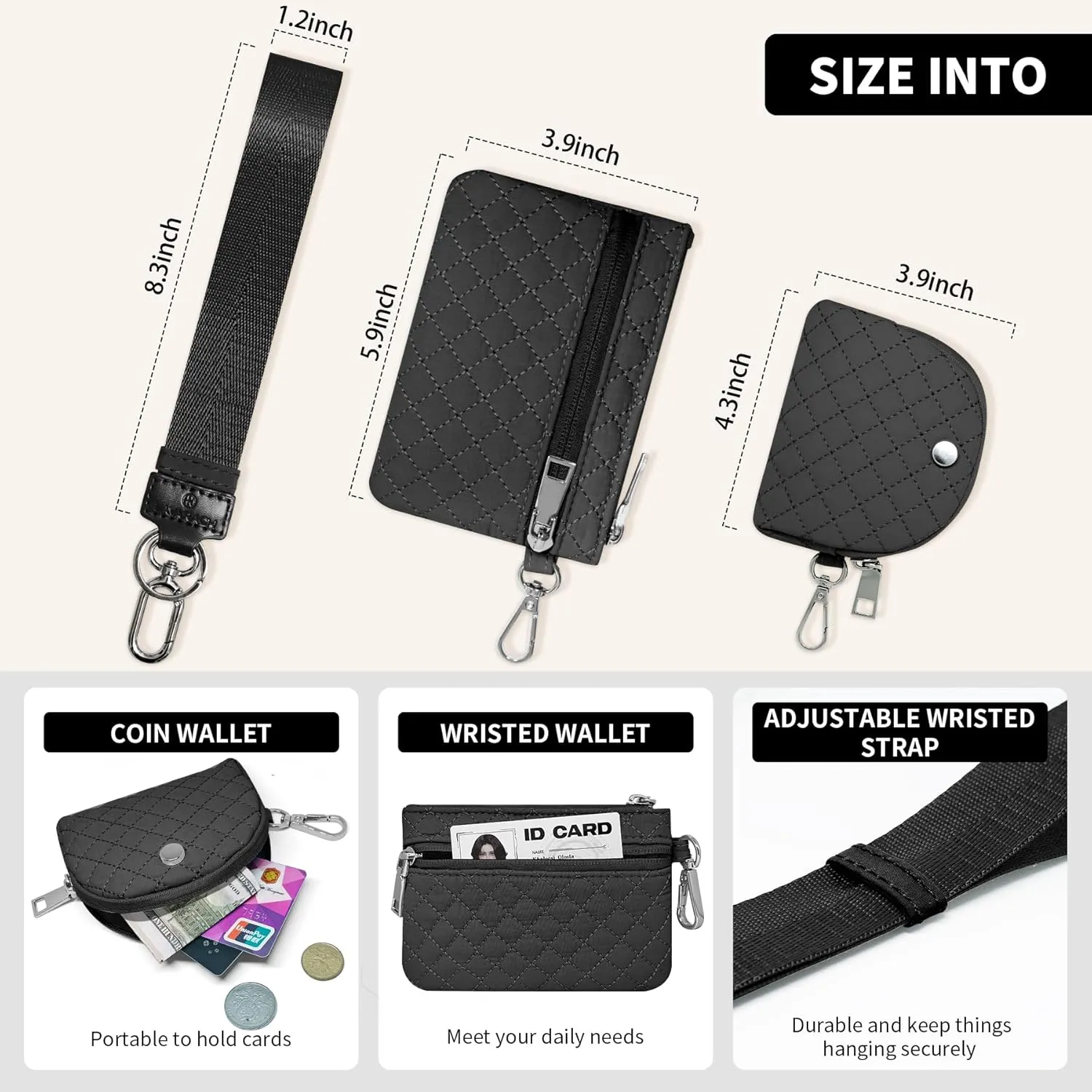 Keychain Wristlet Wallet for Women Zippered Dual Pouch Wristlet Nylon Coin Purse Small Wallet with Key Ring