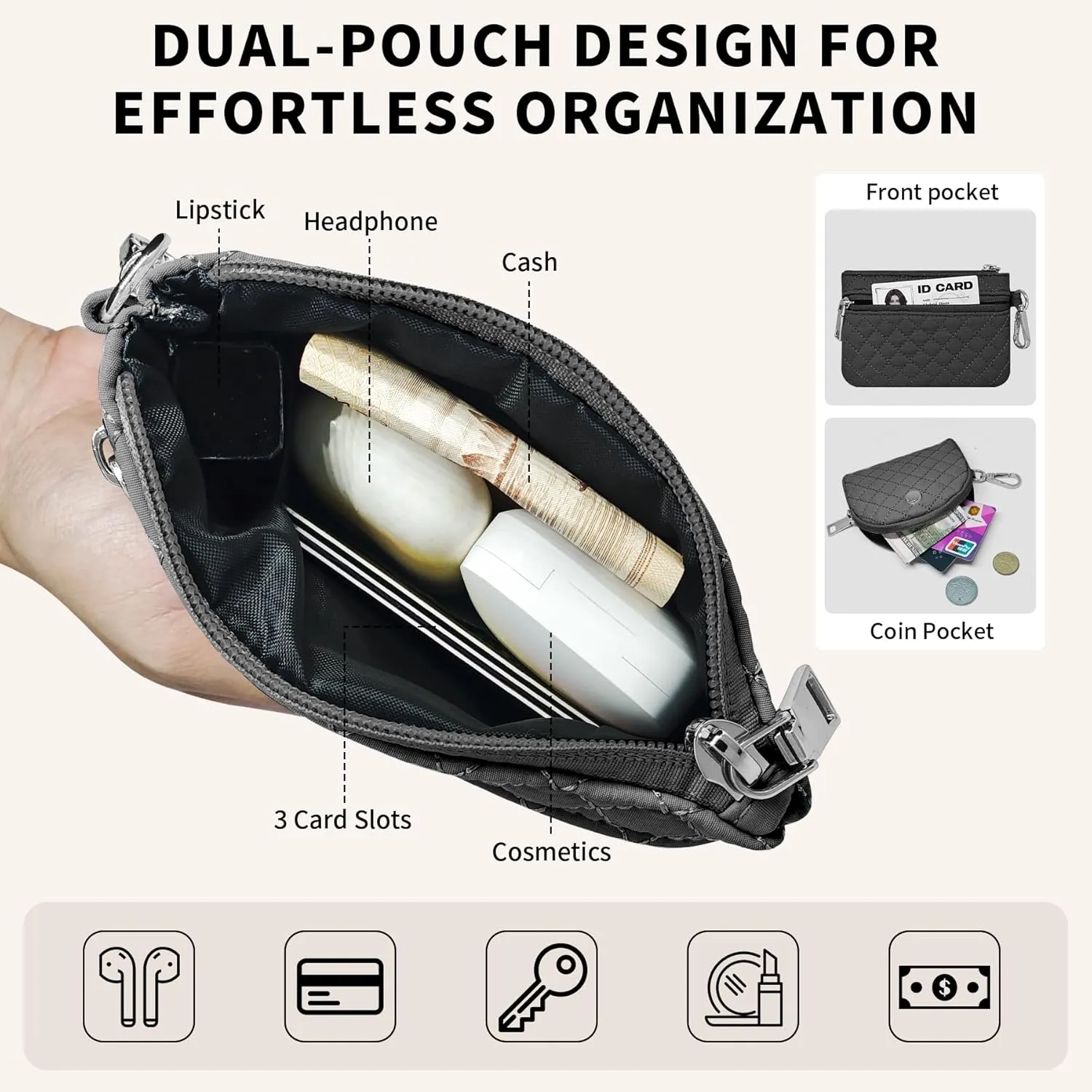 Keychain Wristlet Wallet for Women Zippered Dual Pouch Wristlet Nylon Coin Purse Small Wallet with Key Ring