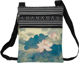 Lotus Flower Messenger Bag Small Ethnic Pattern Printed Adjustable Strap Crossbody Zipper Bag Lotus Flower Phone Bag Wallet Cute Shoulder Handbag for Women -2