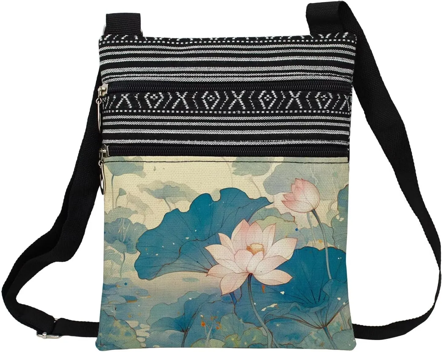 Lotus Flower Messenger Bag Small Ethnic Pattern Printed Adjustable Strap Crossbody Zipper Bag Lotus Flower Phone Bag Wallet Cute Shoulder Handbag for Women -2