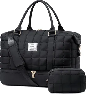 LOVEVOOK Large Duffle Bag for Travel, Puffer Weekend Bags for Women Travel Tote, Carry on Duffel Bag for Airplanes, 18 Inch Personal Item Bag Gym Bag Women, Black