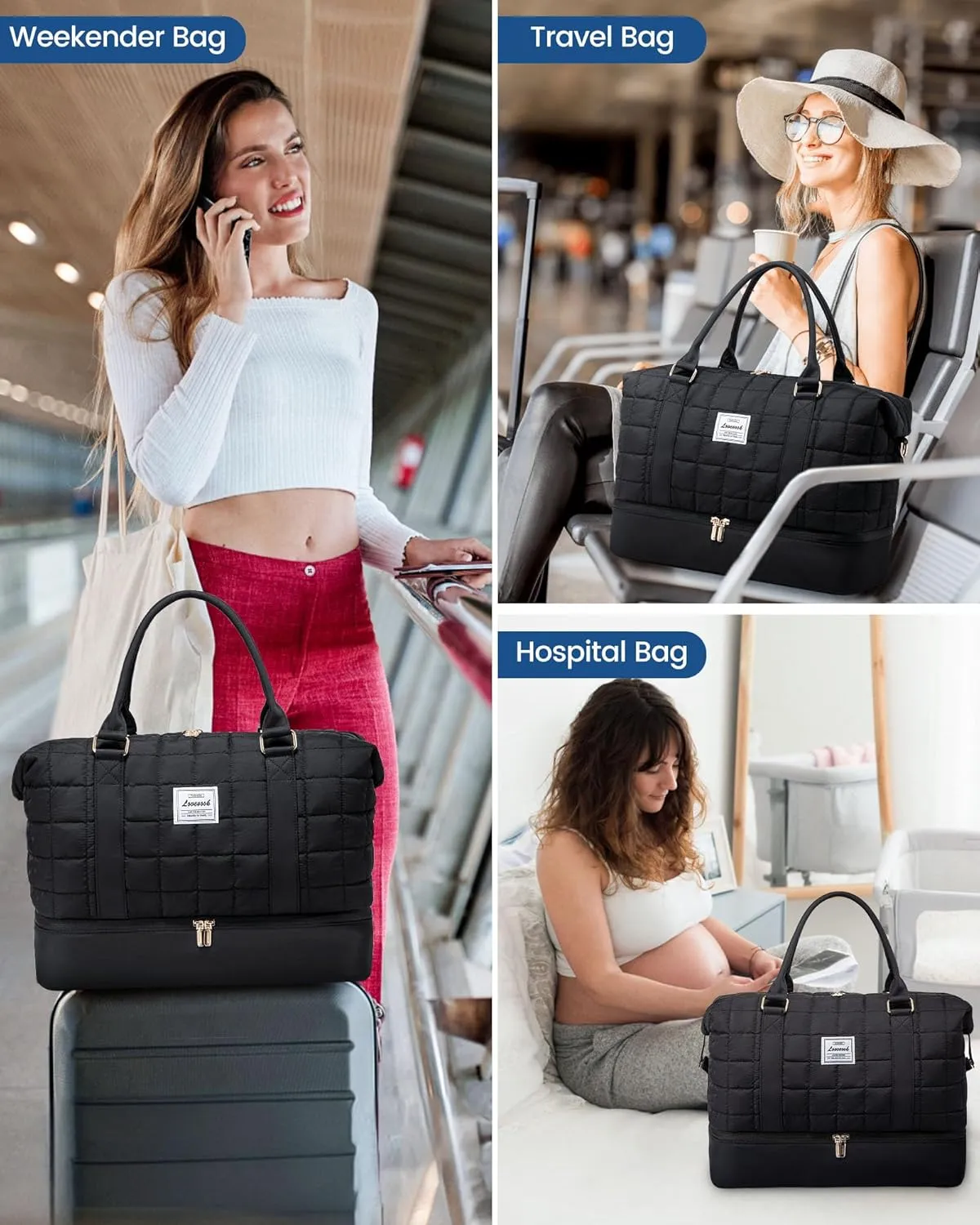 LOVEVOOK Large Duffle Bag for Travel, Puffer Weekend Bags for Women Travel Tote, Carry on Duffel Bag for Airplanes, 18 Inch Personal Item Bag Gym Bag Women, Black