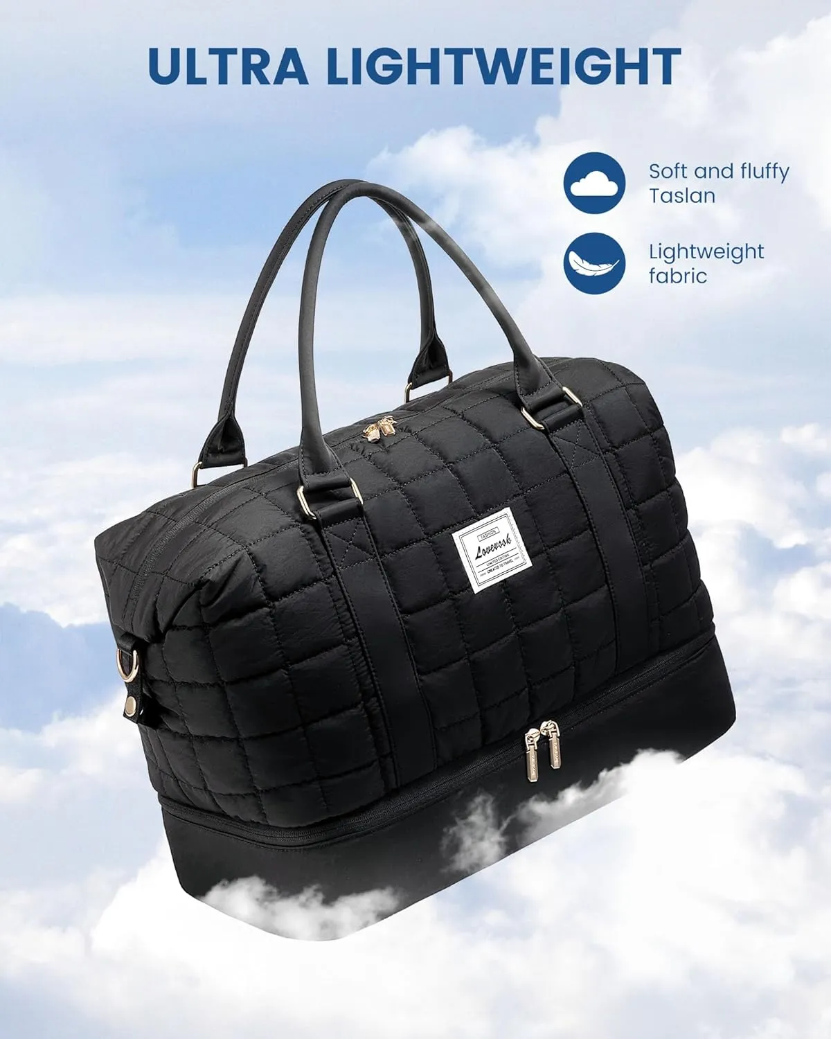 LOVEVOOK Large Duffle Bag for Travel, Puffer Weekend Bags for Women Travel Tote, Carry on Duffel Bag for Airplanes, 18 Inch Personal Item Bag Gym Bag Women, Black