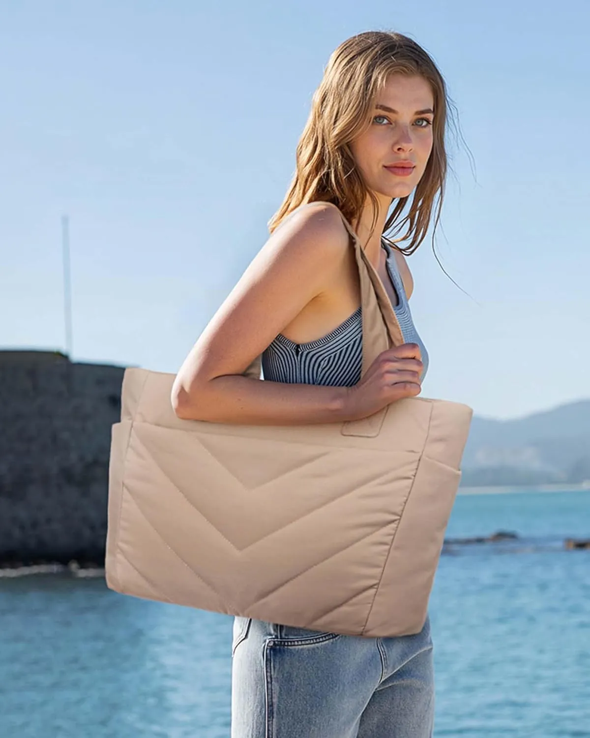 LOVEVOOK Tote Travel Bag for Women, Puffer Work Handbag with Zipper for Teacher Nurse, Quilted Laptop Shoulder Gym Bag Cute